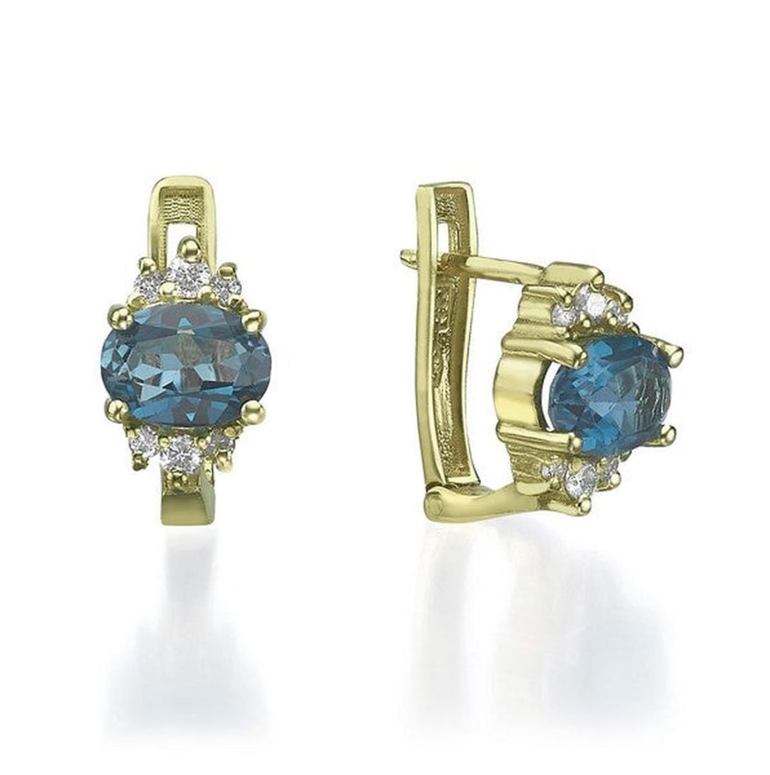 14kt Yellow Gold 0.3ctw Diamond Earrings: One pair of 14k yellow gold earrings Jewelry Weight: 3.4Grs Total Diamonds Weight: 0.3Cts Main Stones Description: Quantity: 2 Cut and shape: Oval Carats Weight: 2 Color: Blue Corundum Side Stones Des