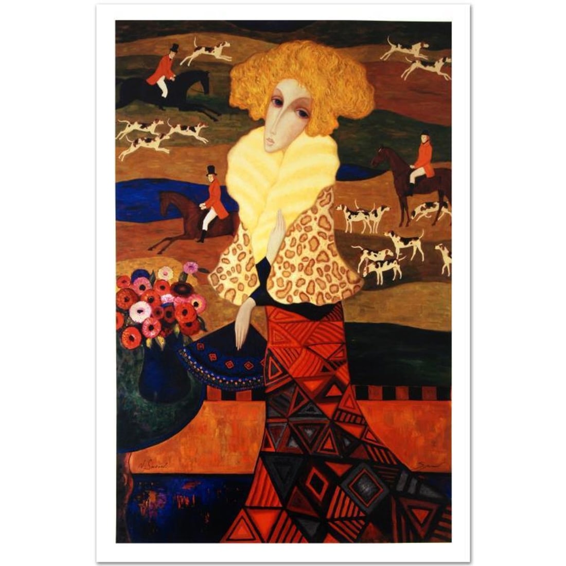 Sergey Smirnov (1953-2006), "Tapestry Of The Hunt" Limited Edition Mixed Media on Canvas (32.5" x: Combining time-honored religious icon painting with western style portraiture, the hauntingly beautiful art of Sergey Smirnov (1953-2006) is inspired by the 'Parsuna' art movement. "Tapestry Of The Hu