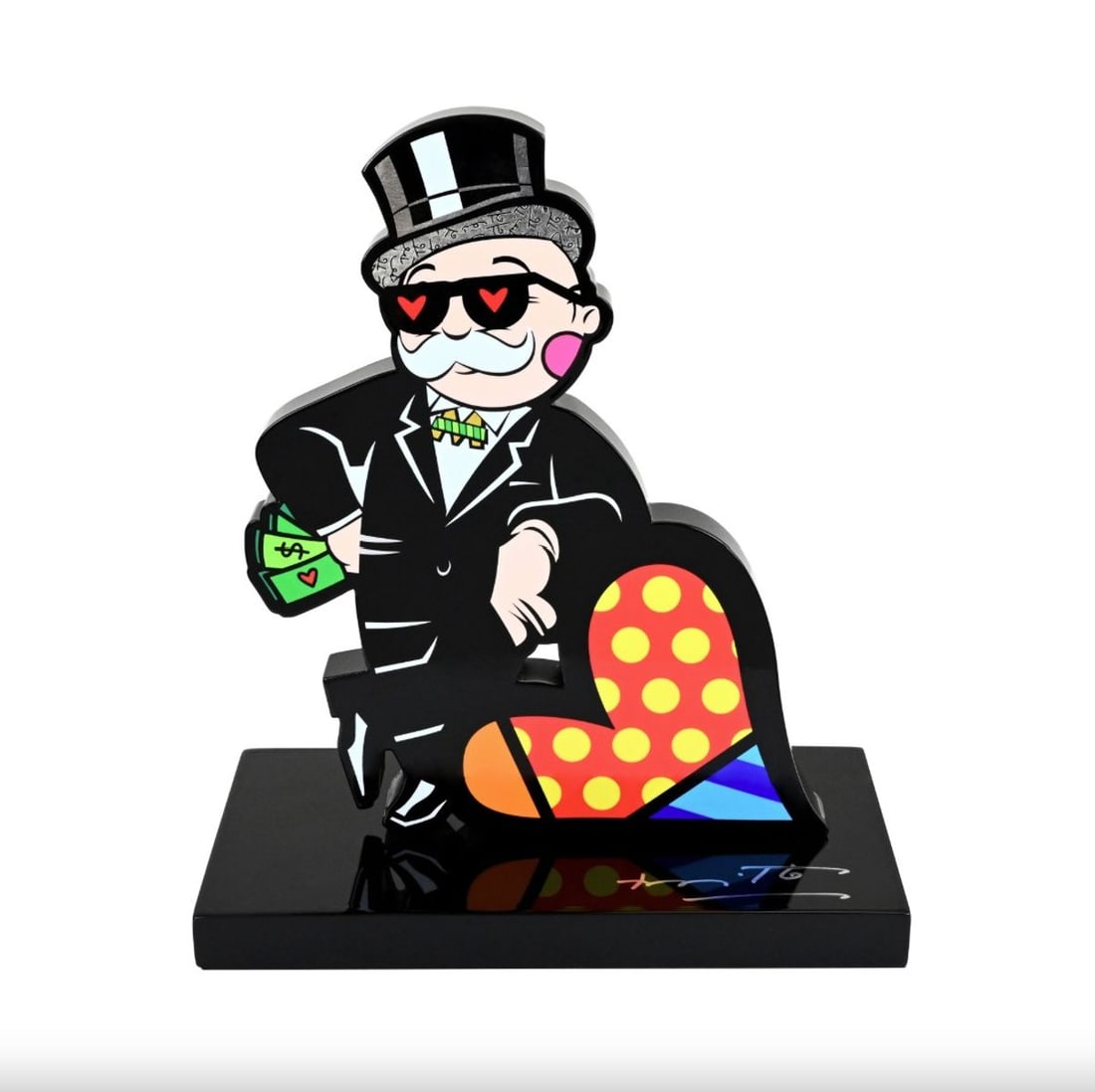 Romero Britto- Resin Sculpture with Hand Embellishments "Mr. Monopoly": Artist: Romero Britto. Medium: Resin Sculpture with Hand Embellishments. Title: Mr. Monopoly. Size: 9.75" x 4.5". Signature: Hand signed by the artist and includes an exclusive hologram. Certificate o