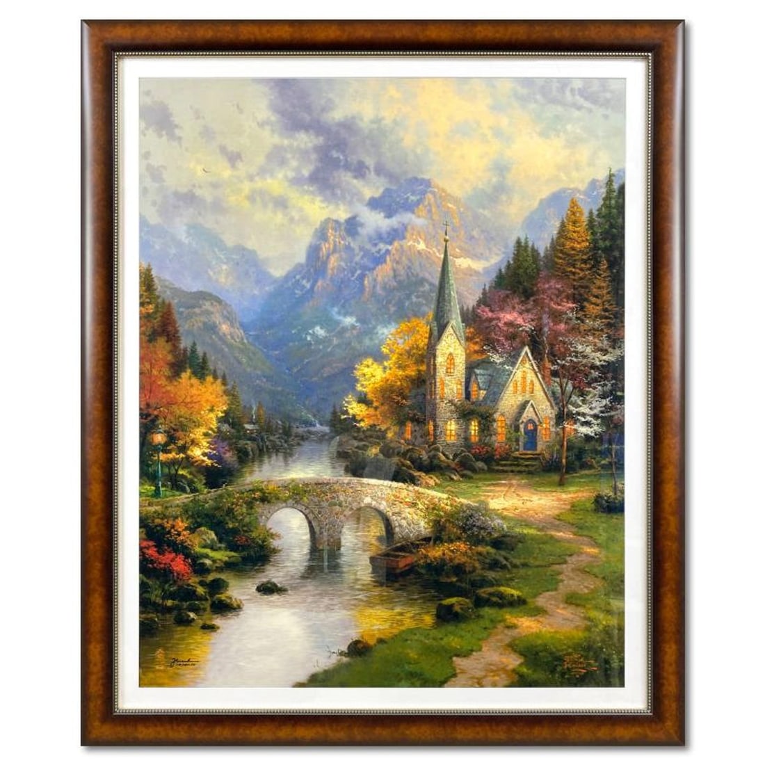Thomas Kinkade (1958-2012), "Mountain Chapel" Framed Limited Edition Lithograph, Numbered and Signed: Mountain Chapel is an limited edition offset lithograph on paper by Thomas Kinkade (1958-2012), numbered and bearing Kinkade's authorized signature. This piece comes framed. Letter of Authenticity. Me