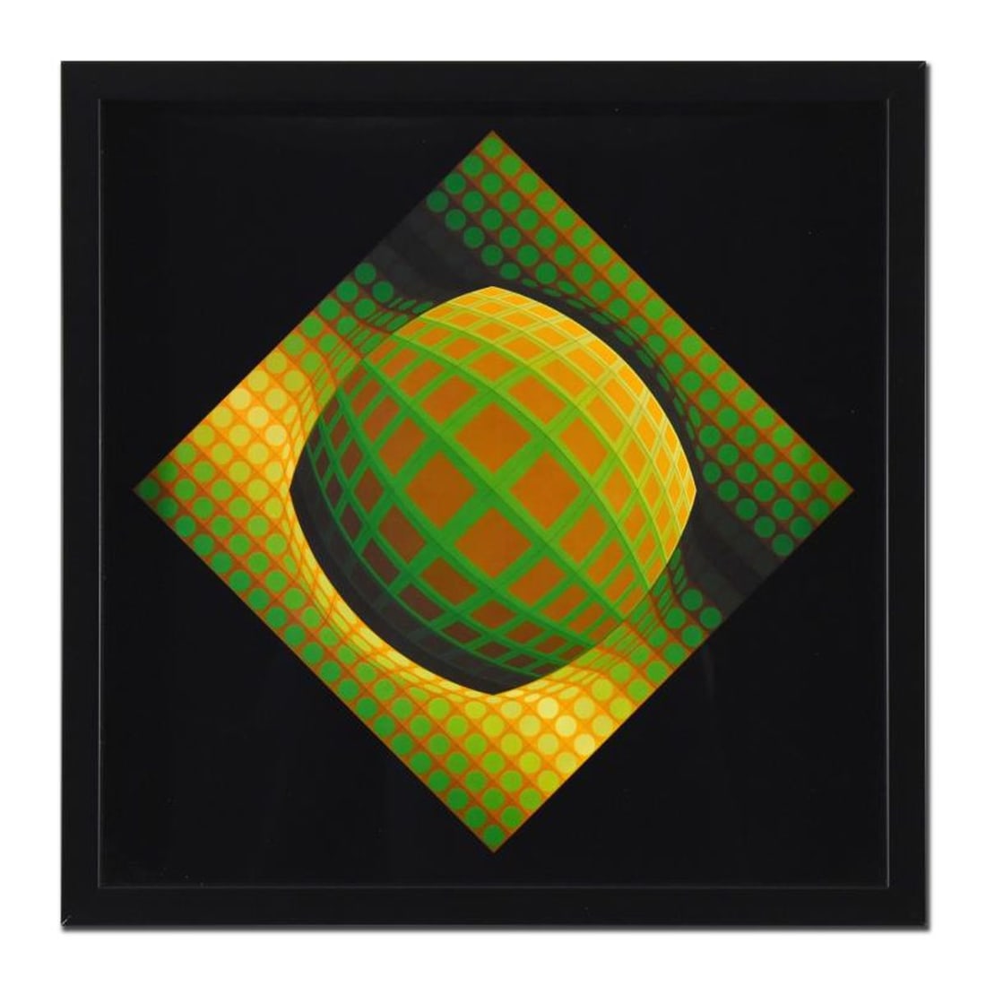 Victor Vasarely (1908-1997), "Vega-Zett-01 (1971)" Framed Heliogravure Print with Letter of: Vega-Zett-01 (1971) is a heliogravure print on paper by Victor Vasarely (1908-1997). This piece comes custom framed. Includes Letter of Authenticity. Measures approx. 17" x 17" (frame), 14" x 14" (ima