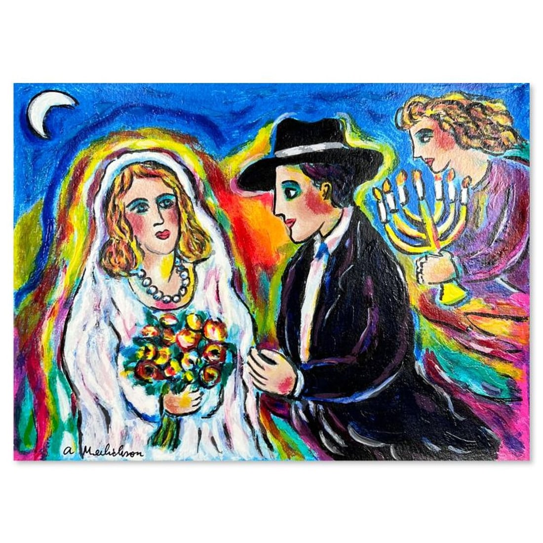 Alex Meilichson, "Moonlight Wedding" Hand Signed, Numbered Limited Edition Serigraph with Letter of: Moonlight Wedding is a limited edition serigraph on paper by Alex Meilichson. The piece comes hand signed by the artist, numbered, and with a letter of authenticity. Measures approximately 9" x 12". R