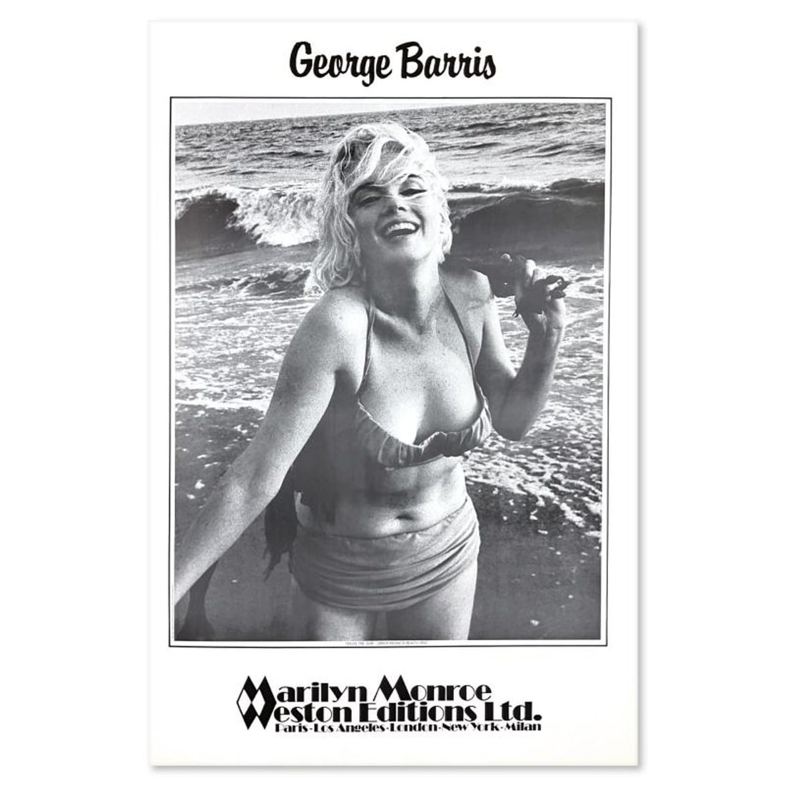 George Barris (1922-2016), "Feelin' the Surf" Poster of Marilyn Monroe from Edward Weston Collection: Feelin' the Surf is a poster on paper by George Barris (1922-2016). This piece is from the Edward Weston Collection and includes Letter of Authenticity. Measures approx. 23" x 29" (image). This piece 