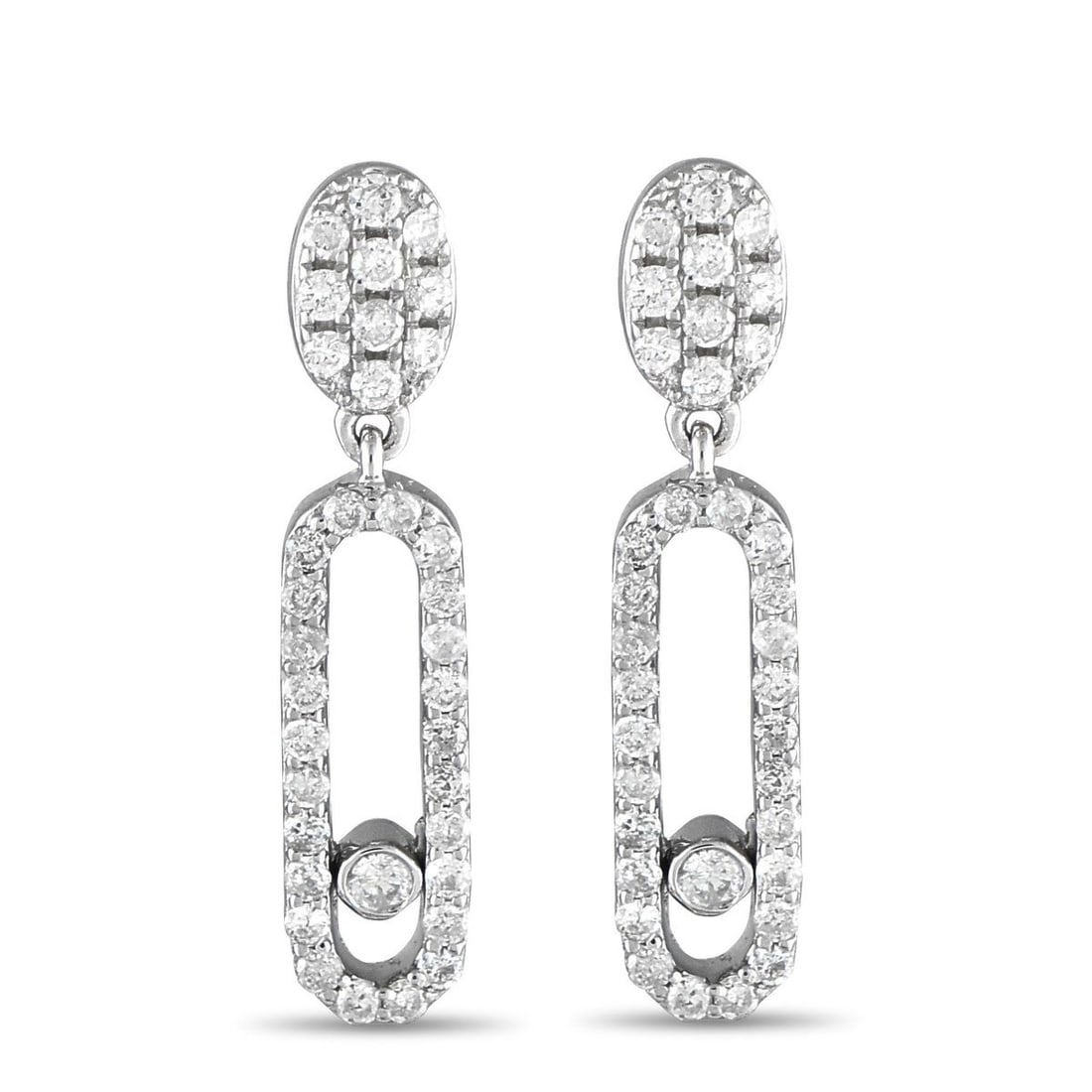 14K WHITE GOLD 0.50 CT DIAMOND DROP EARRINGS: These subtly playful diamond earrings are designed to deliver a sparkle that moves with you. They're crafted in 14K white gold and feature an oval-shaped diamond cluster post with a push-back clasp. D