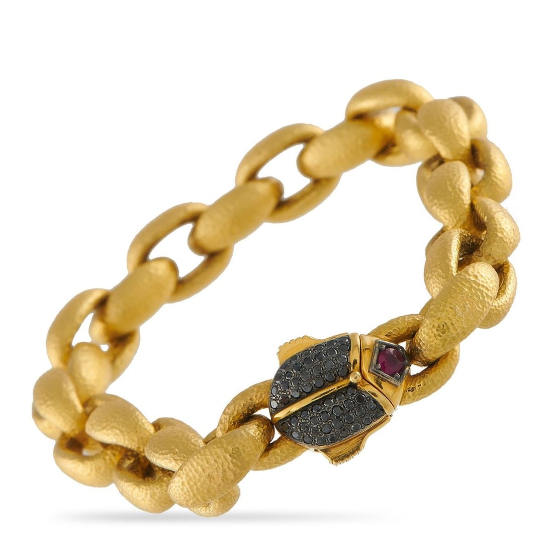 KONSTANTINO CALLAS 18K YELLOW GOLD 0.45CT BLACK DIAMOND AND RUBY BRACELET: A beetle shaped clasp makes a statement on this Konstantino Callas bracelet. Hammered 18K Yellow Gold links add texture to the overall design. Black Diamonds totaling 0.45 carats and a 0.15 carat Ruby