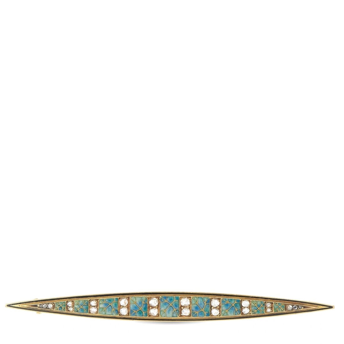 HENRI DUBRET 18K YELLOW GOLD DIAMOND AND ENAMEL FRENCH ART NOUVEAU BROOCH: A sleek, sophisticated design makes this Henri Dubret brooch an exquisite addition to any luxury jewelry collection. Designed in French Art Nouveau style, blue toned Enamel accents are perfectly paire