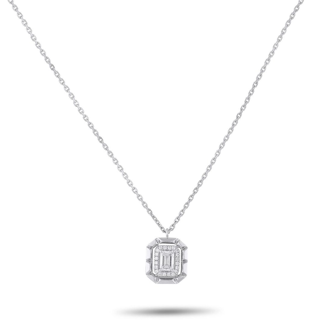 18K WHITE GOLD 0.62CT DIAMOND PENDANT NECKLACE: This necklace is simple, stylish, and incredibly sophisticated. The perfectly understated design features an 18K White Gold pendant measuring 0.50 long by 0.44 wide suspended from a delicate 18 chain.