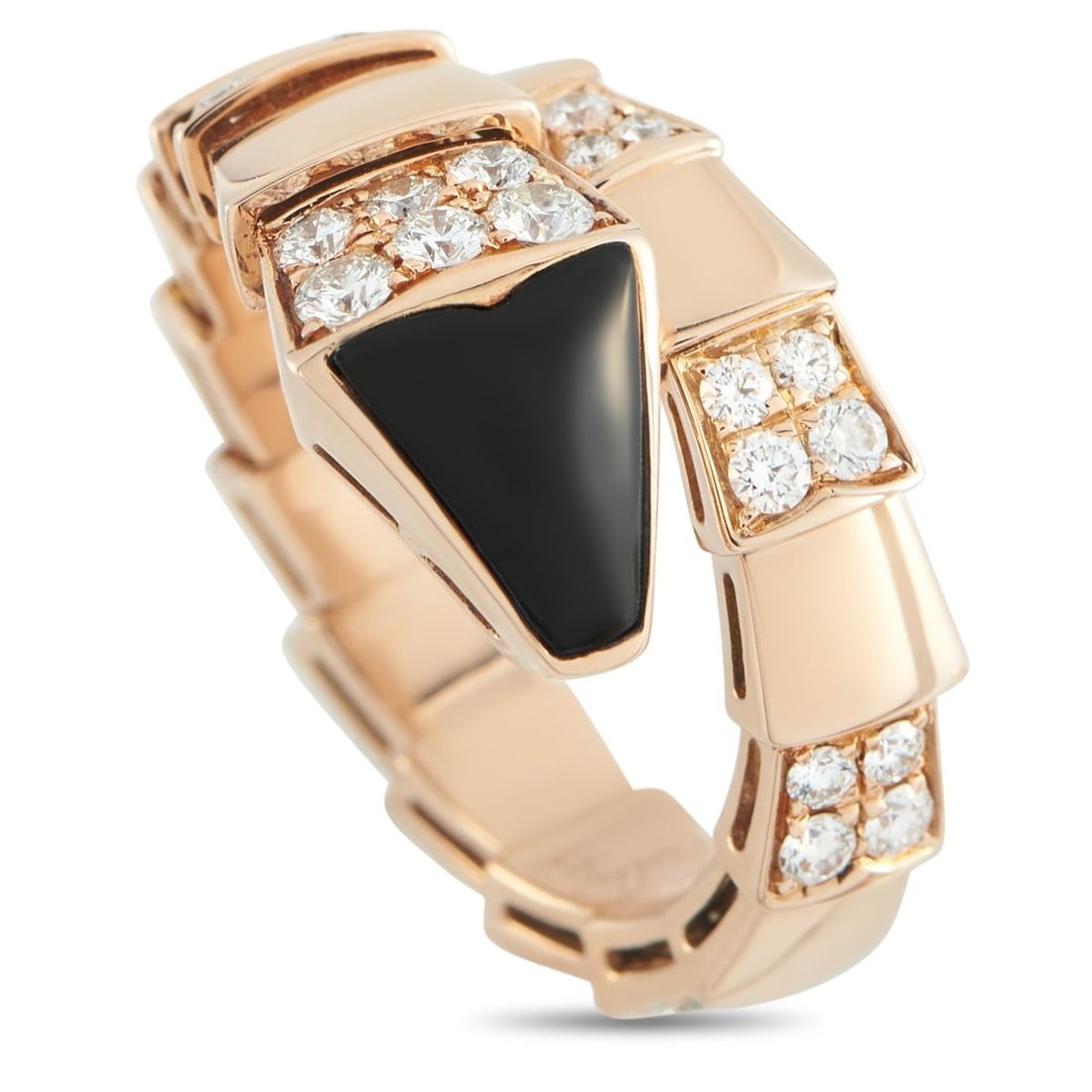 BVLGARI SERPENTI VIPER 18K ROSE GOLD DIAMOND RING: This Bvlgari Serpenti Viper ring captures the beauty of the luxury brands iconic snake motif an emblem meant to symbolize of endless metamorphosis. A reminder to embrace change, this radiant ring incl