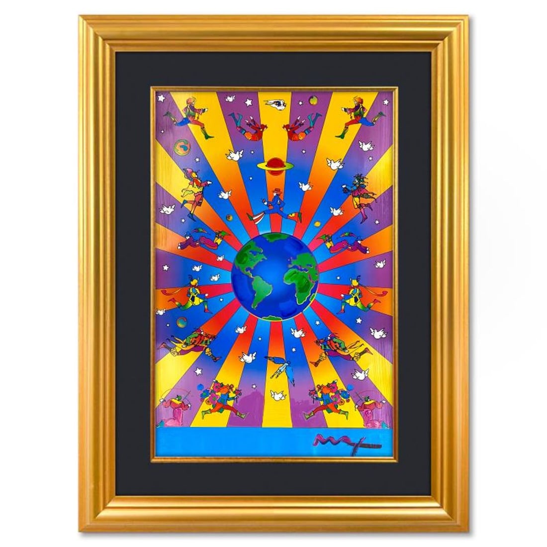 Peter Max, "Earth Day 2000" Framed One-of-a-Kind Mixed Media, Hand Signed with Registration Number: Earth Day 2000 is a one-of-a-kind mixed media on paper, hand signed by Peter Max. The piece comes custom framed with a backside cutout to display Peter Max Studio registration number 287009 certifying