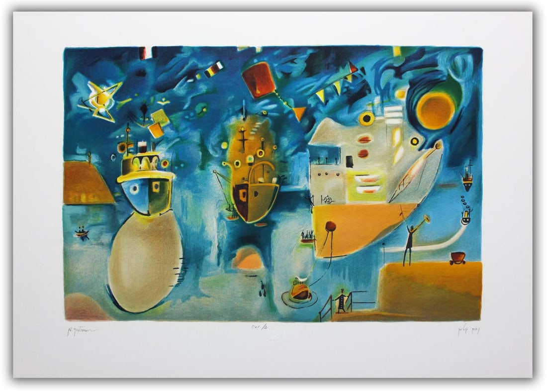 Nachum Gutman- Original Lithograph "Independence Day In The Port": Artist: Nachum Gutman. Medium: Original Lithograph. Title: Independence Day In The Port. Size: 20" x 27.5". Signature: Hand Signed and Numbered by the Artist. Certificate of Authenticity: Is Included.