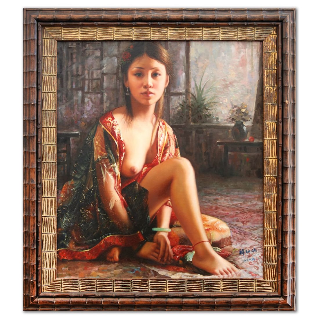 Xie Qui Wa- Oil on Canvas "Young Asian Woman in Open Kimono": Artist: Xie Qui Wa. Medium: Oil on Canvas. Title: Young Asian Woman in Open Kimono. Size: 31" x 27". Measures approx. 40" x 36" (framed). Signature: Hand Signed. Certificate of Authenticity: Is includ