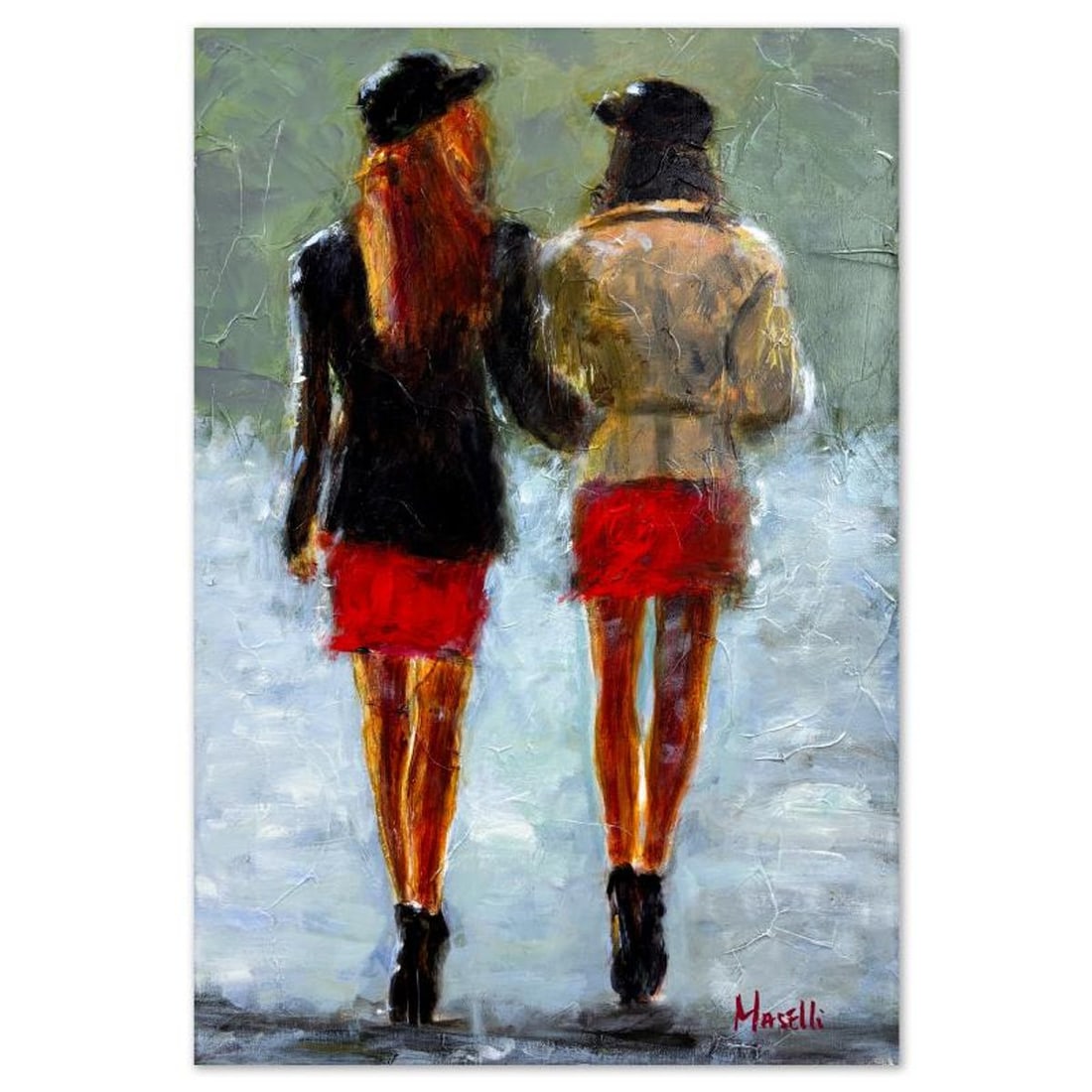 Michael Maselli, "A Friendly Walk" Original Painting on Canvas, Hand Signed with Letter of: A Friendly Walk is an original painting on stretched canvas by Michael Maselli, hand signed by the artist. Includes Letter of Authenticity. Measures approx. 30" x 20" (image).
