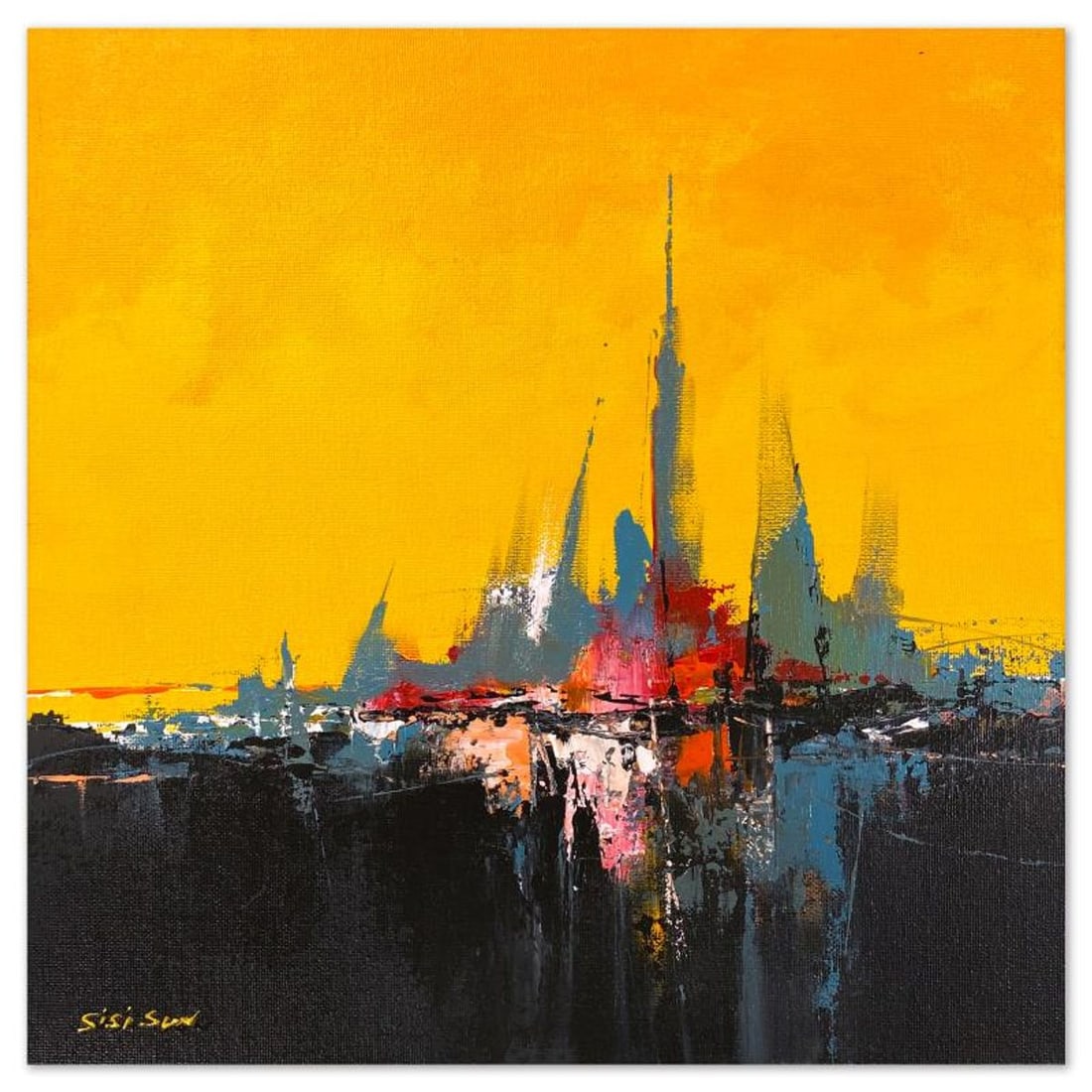 Sisi Sun, "Harbor 3" Original Acrylic Painting on Canvas Board, Hand Signed with Letter of: Harbor 3 is an original acrylic painting on canvas board by Sisi Sun, hand signed by the artist. Includes Letter of Authenticity. Measures approx. 16" x 16" (image).