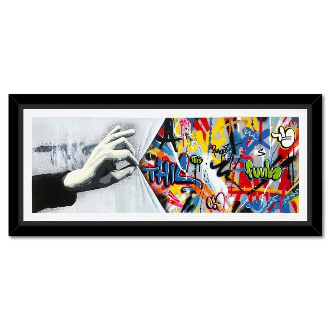 Martin Whatson, "Sneak Peek" Framed PP Silkscreen with Certificate of Authenticity.: Sneak Peek is a silkscreen on paper by Martin Whatson bearing the artist's embossed initials. This piece comes custom framed. The Certificate of Authenticity is notated PP. Measures approx. 30.5" x 16