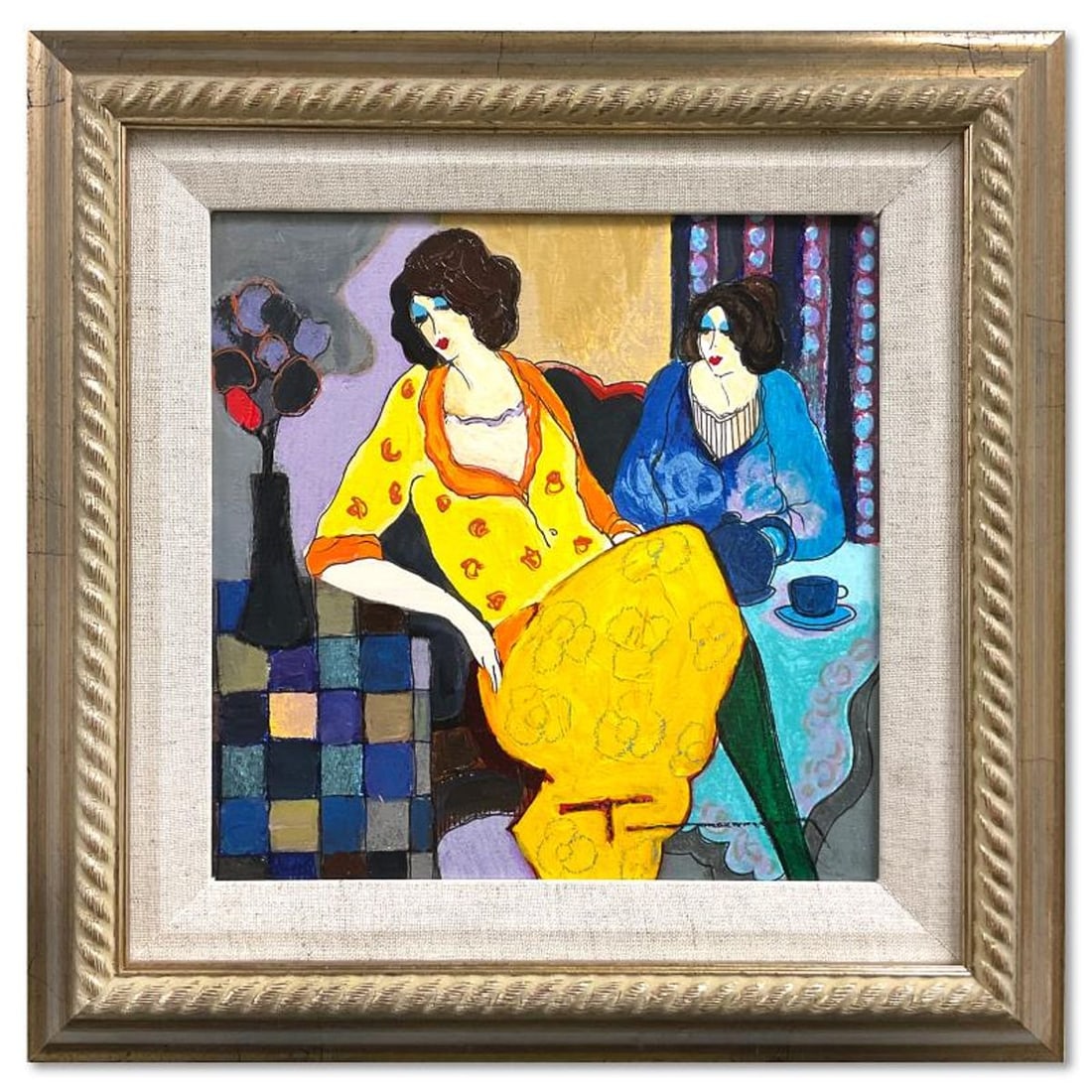 Itzchak Tarkay (1935-2012), "Sisters" Framed One-of-a-Kind Mixed Media Over Paint on Wood, Hand: Sisters is a one-of-a-kind mixed media over paint on wood by Itzchak Tarkay (1935-2012), hand signed by the artist. This piece comes custom framed. Includes Letter of Authenticity. Measures approx. 13