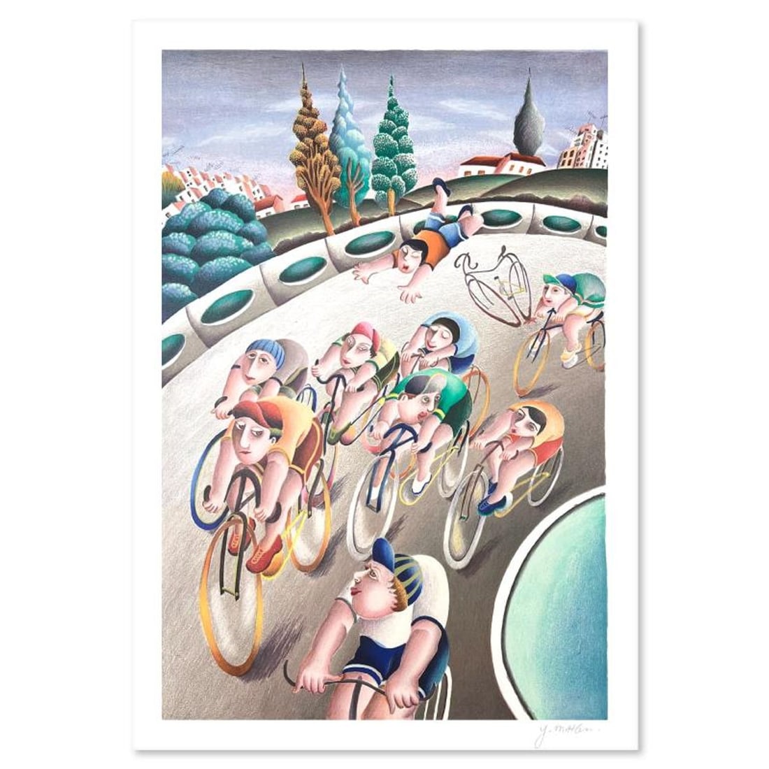 Yuval Mahler, "Cycling" Limited Edition Serigraph, Numbered and Hand Signed with Letter of: Cycling is a limited edition serigraph on paper by Yuval Mahler. The piece comes hand signed by the artist, numbered, and with a letter of authenticity. Measures approximately 19.5" x 13". Reference#: