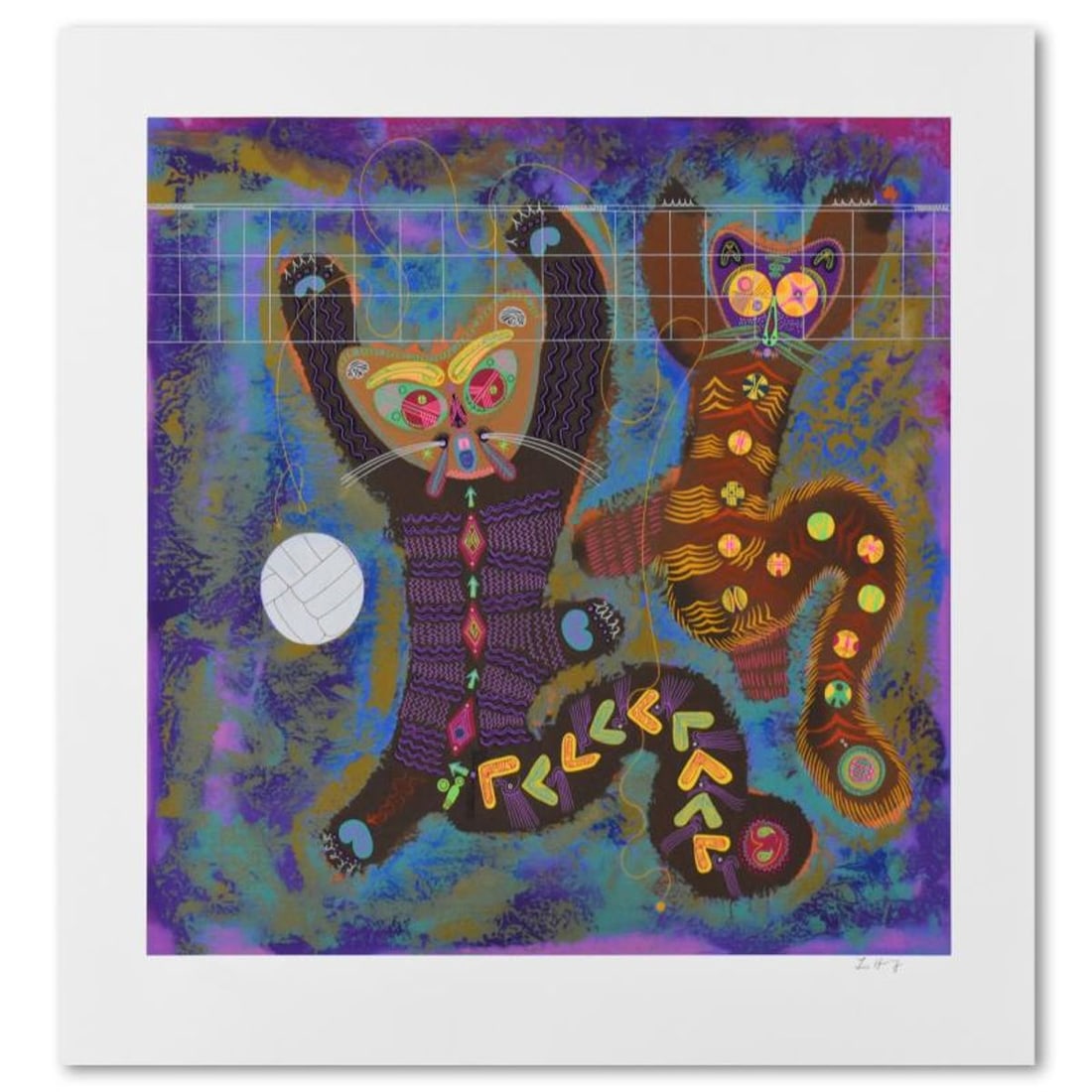 Lu Hong, "Kitty Camp Playmates (White)" Limited Edition Serigraph, Numbered and Hand Signed with: Kitty Camp Playmates (White) is a limited edition serigraph on paper by Lu Hong, numbered and hand signed by the artist. Includes Letter of Authenticity. Measures approx. 24" x 24.5" (with border),