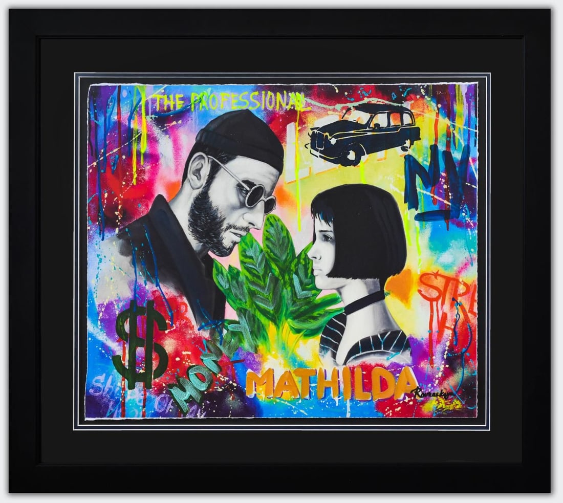 Nastya Rovenskaya- Original Mixed Media on Paper "Leon": Artist: Nastya Rovenskaya. Medium: Original Mixed Media on Paper. Title: Leon. Size: 20" x 24". Measures approx. 29" x 33" (framed). Signature: Hand Signed by the artist. Certificate of Authenticity: 