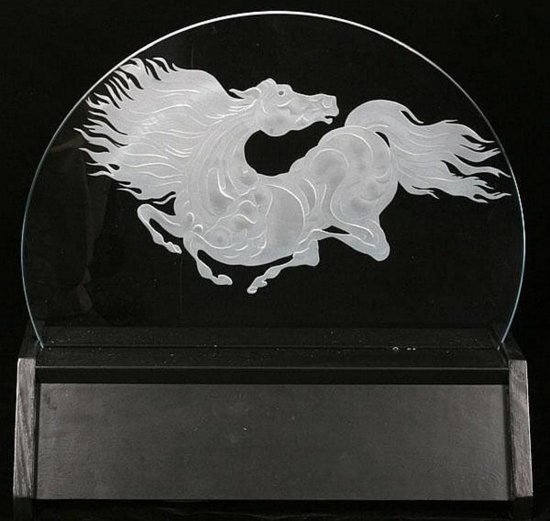 Guillaume Azoulay- Limited edition Hand sand blasted on Starfire, crystal glass: Artist: Guillaume Azoulay. Medium: Limited edition Hand sand blasted on Starfire, crystal glass. Size: 20" x 20". Signature: Signed and numbered. Additional: Custom light box. Reference#: 25201.