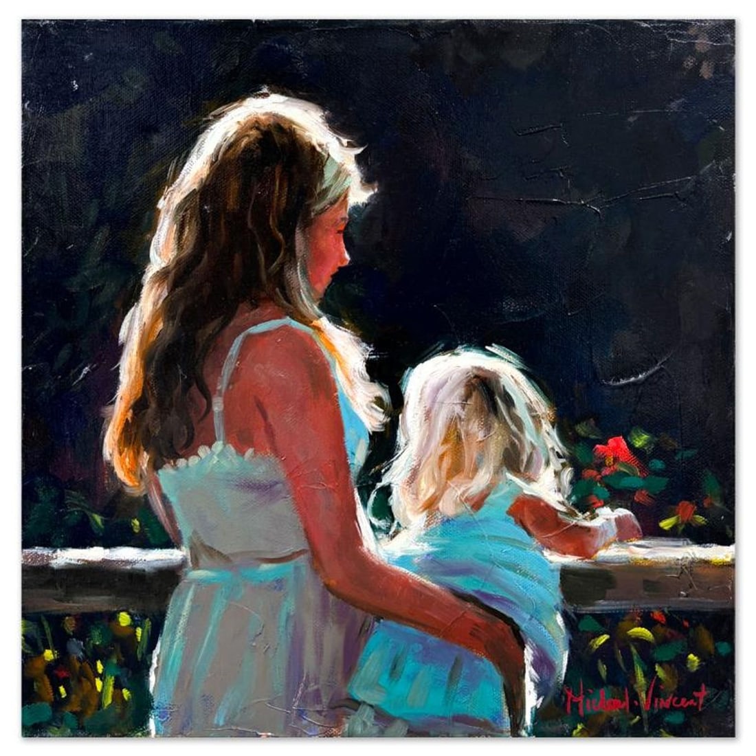 Michael Vincent, "First Red Flower" Original Painting on Canvas, Hand Signed with Letter of: First Red Flower is an original painting on stretched canvas by Michael Vincent, hand signed by the artist. Includes Letter of Authenticity. Measures approx. 14" x 14" (image).