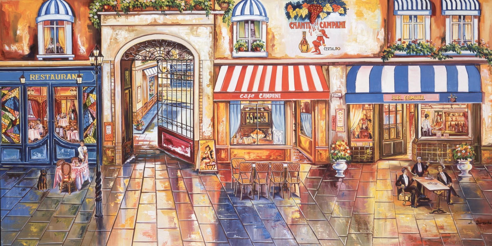 Alexander Borewko- Original Giclee on Canvas "Street Restaurants": Artist: Alexander Borewko. Medium: Original Giclee on Canvas. Title: Street Restaurants. Size: 20" x 40". Signature: Hand Signed by the Artist. Certificate of Authenticity: From the publisher.