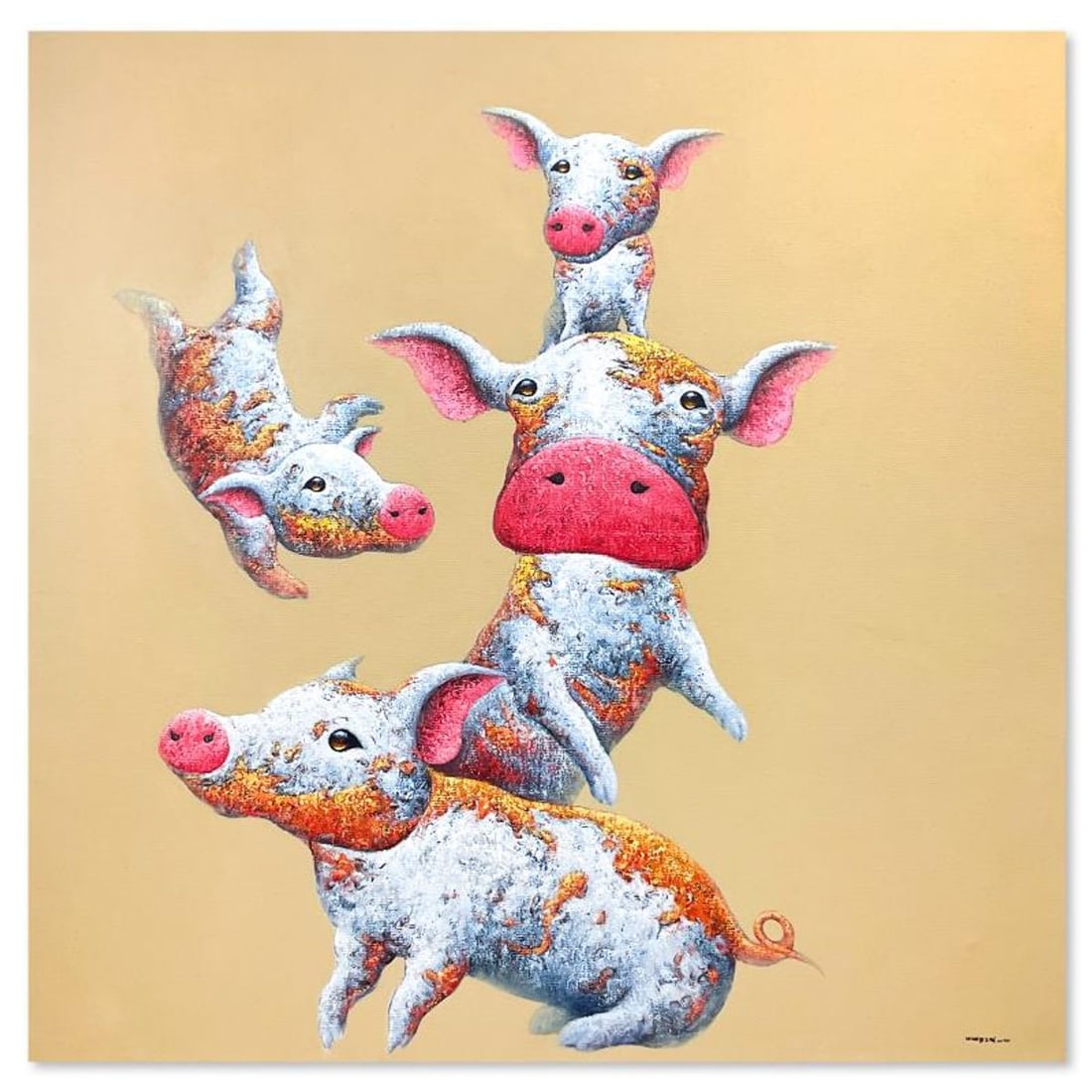 Wang, "Family Tumble" Original Mixed Media Painting on Gallery Wrapped Canvas (55" x 55"), Hand: Family Tumble is an original mixed media painting on canvas by Wang, hand signed by the artist. This piece comes gallery wrapped. Includes Letter of Authenticity. Measures approx. 55" x 55" (image). T