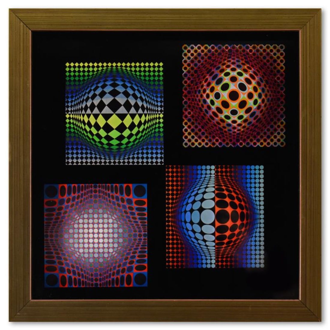 Victor Vasarely (1908-1997), "Vega (Noir, WA-3, WA-2) & Ond - Fire de la serie Vega" Framed 1971: Vega (Noir, WA-3, WA-2) & Ond - Fire de la serie Vega is a heliogravure print on paper, published in 1971, by Victor Vasarely (1908-1997). This piece comes custom framed, with a letter of authenticity