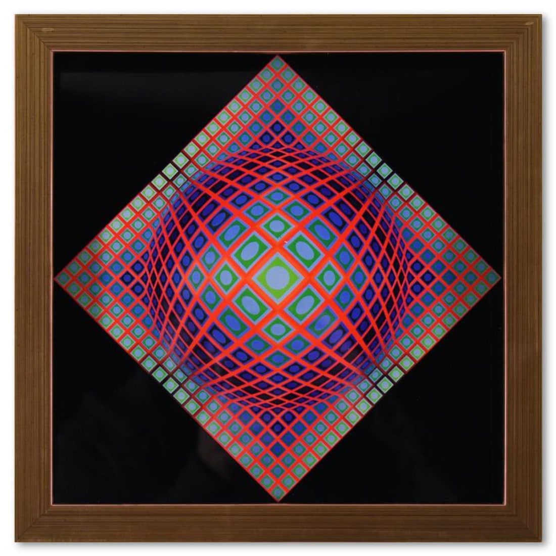 Victor Vasarely (1908-1997), "Vega - 201 de la serie Vega" Framed 1971 Heliogravure Print with: Vega - 201 de la serie Vega is a heliogravure print on paper, published in 1971, by Victor Vasarely (1908-1997). This piece comes custom framed, with a letter of authenticity and with a 1976 Vasarely 