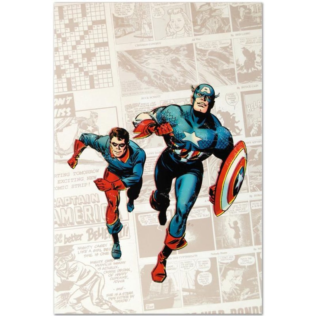Marvel Comics "Captain America: The 1940s Newspaper Strip" Numbered Limited Edition Giclee on Canvas: A piece of comic book history, this limited edition, from original art by Butch Guice, depicts the classic Captain America and his pal Bucky. Working in the comic industry since the 1980s, Jackson "Bu
