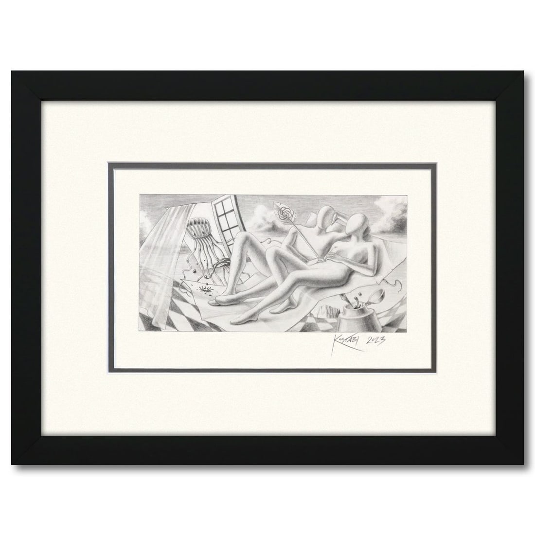Mark Kostabi- Original Drawing on Paper "Future's AI Romance": Artist: Mark Kostabi. Medium: Original Drawing on Paper. Title: Future's AI Romance. Size: 5.5" x 11". Measures approx. 16" x 21" (framed). Signature: Hand signed by the artist. Certificate of Authent