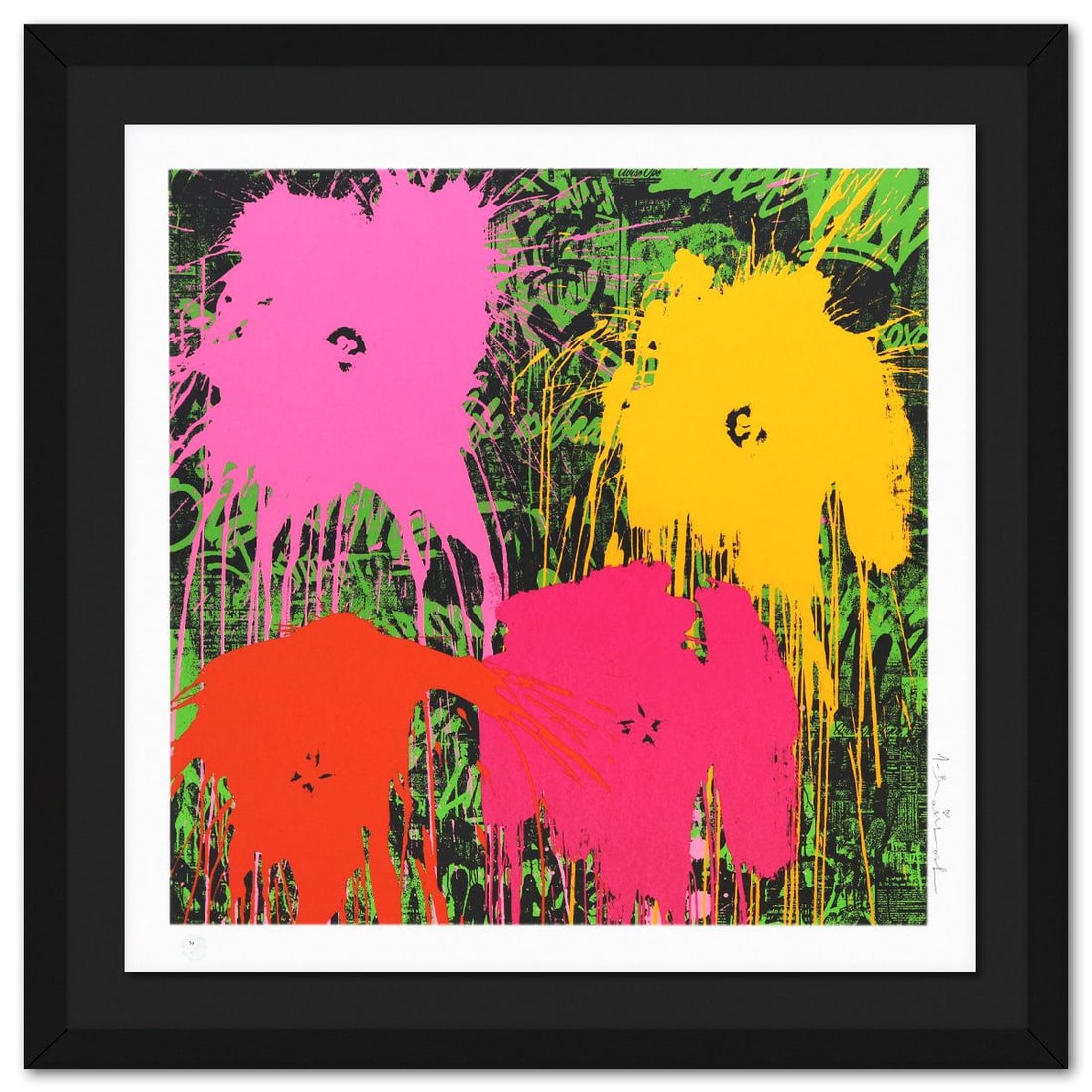 Mr Brainwash- Silkcreen on Paper "Flowarh$, 2021": Artist: Mr Brainwash. Medium: Silkcreen on Paper. Title: Flowarh$, 2021. Size: 24" x 24". Measures approx. 30" x 30" (framed). Signature: Hand signed and numbered. Certificate of Authenticity: Is incl