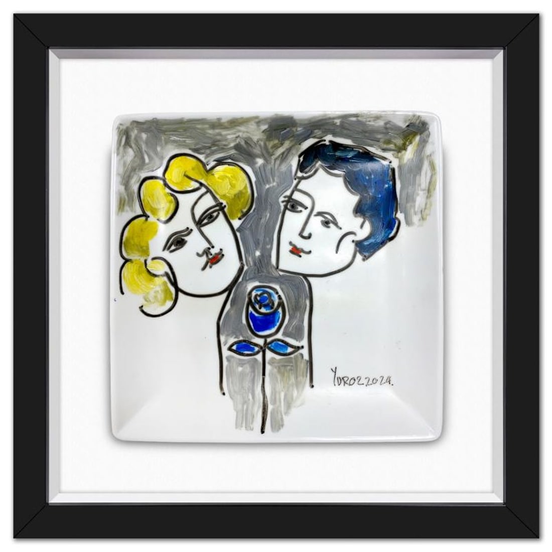Yuroz, Framed Hand Painted Ceramic Plate, Hand Signed with Letter of Authenticity.: This is a hand painted ceramic plate by Yuroz, hand signed by the artist. This piece comes custom framed floated on linen. Includes Letter of Authenticity. Measures approx. 15.5" x 15.5" (frame), 10" 
