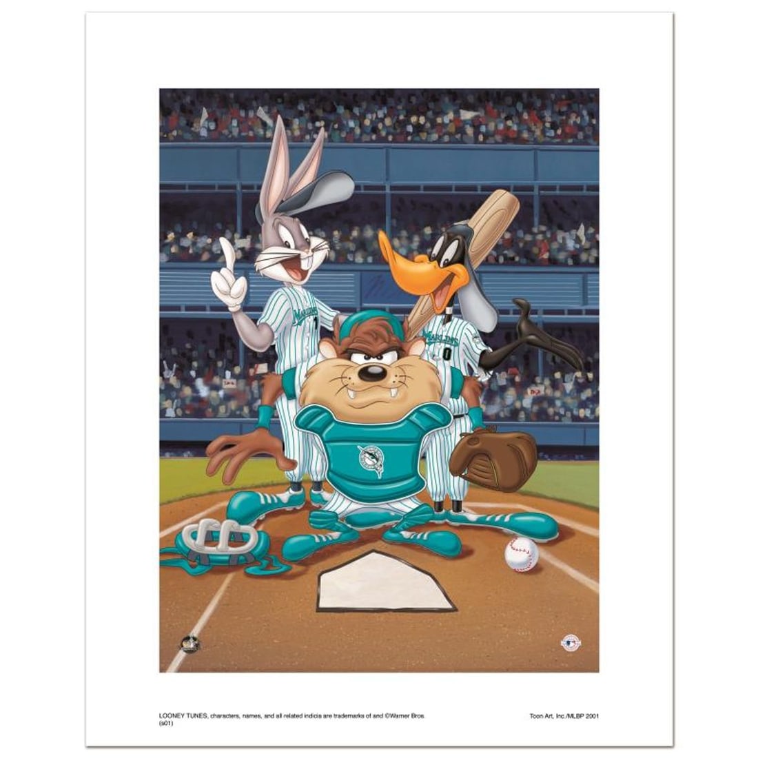 At the Plate (Marlins) Numbered Limited Edition Giclee from Warner Bros. with Certificate of: At the Plate (Marlins) is a limited edition giclee on paper from Warner Bros. featuring iconic Looney Tunes characters in Florida Marlins MLB uniforms. It comes numbered, with hologram seal, and a Cer