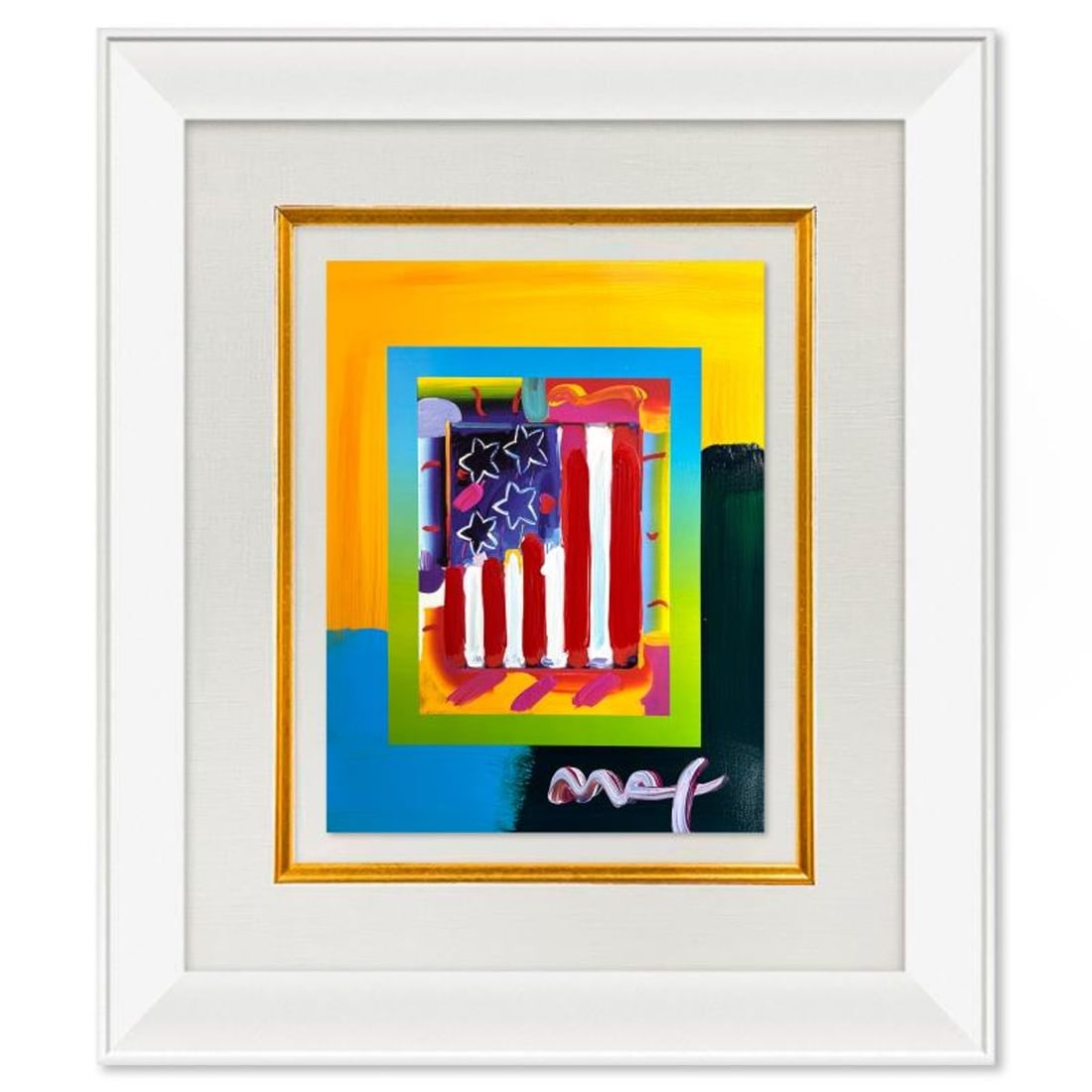 Peter Max, "Flag with Heart" Framed One-of-a-Kind Acrylic Mixed Media, Hand Signed with Registration (1 of 2)
