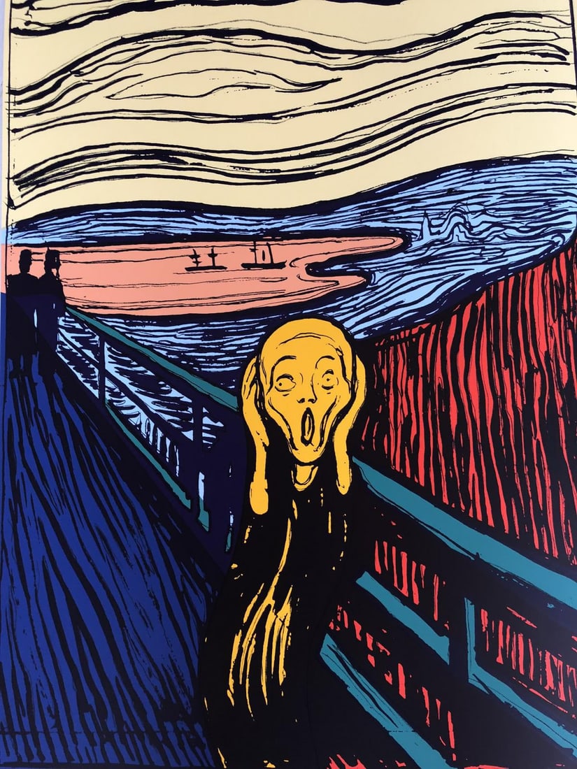 Andy Warhol- Silk Screen "Munch's 'The Scream' - Orange": Artist: Andy Warhol. Medium: Silk Screen. Title: Munch's 'The Scream' - Orange. Size: 35" x 25". Certificate of Authenticity: From the publisher. Additional: The piece is stamped in blue on the back w