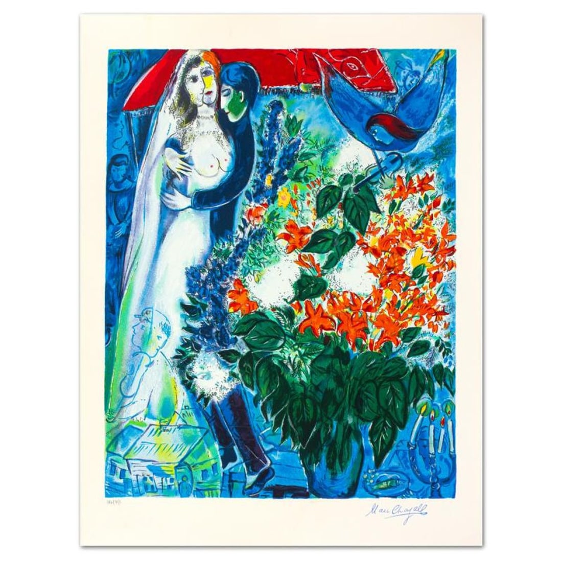 Marc Chagall (1887-1985), "Maries Sous Le Baldaquin" Limited Edition Serigraph with Letter of: Maries Sous Le Baldaquin is a limited edition serigraph on paper by Marc Chagall (1887-1985). Authorized by the Chagall Estate and ADAGP Paris , the piece is plate signed and comes with a letter of
