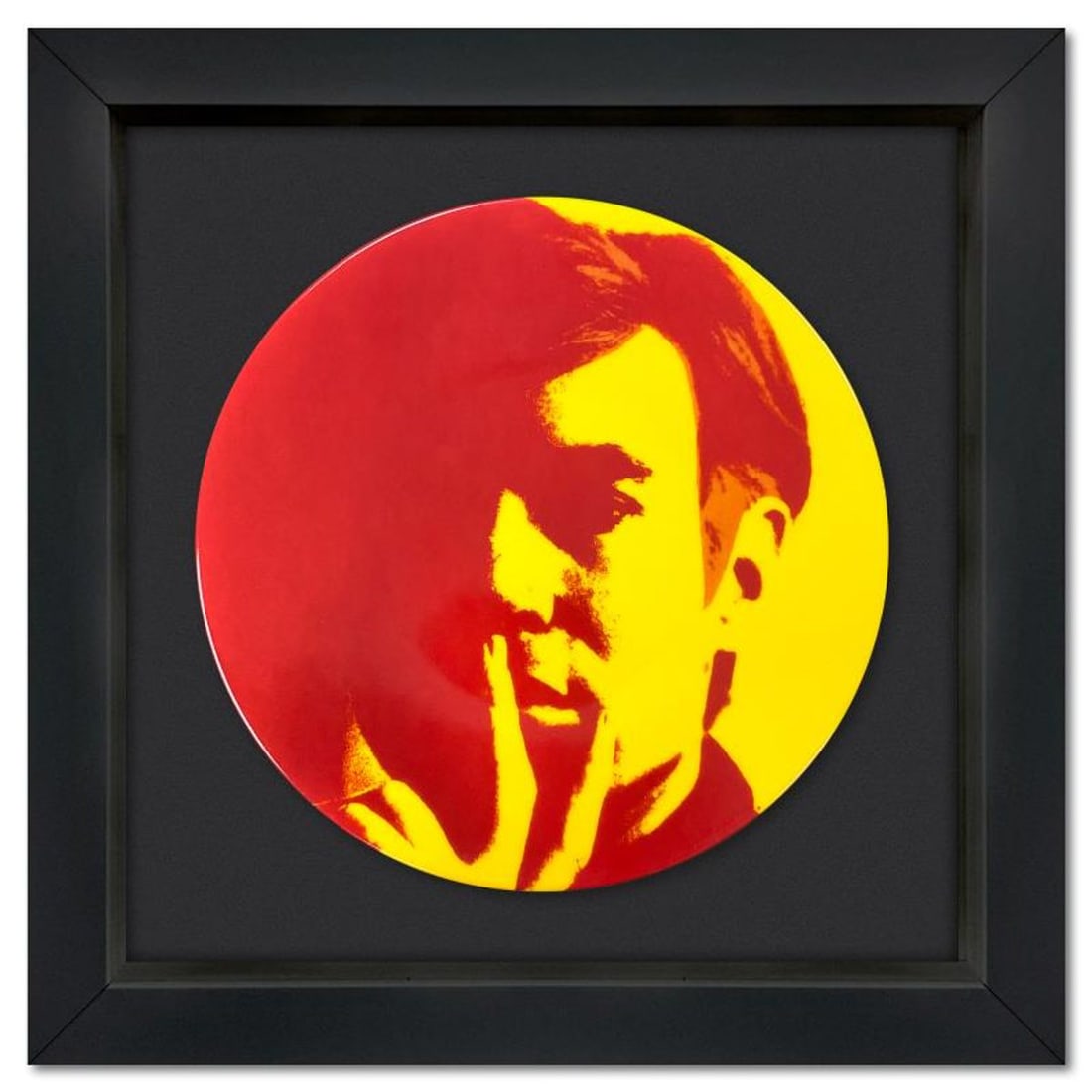 Andy Warhol (1928-1987), "Self Portrait (Yellow)" Framed Limoges Porcelain Plate.: Self Portrait (Yellow) is a Limoges porcelain plate bearing the plate signature inverso of Andy Warhol (1928-1987). This plate is custom framed and floated on linen. Measures approx. 13.5" x 13.5"