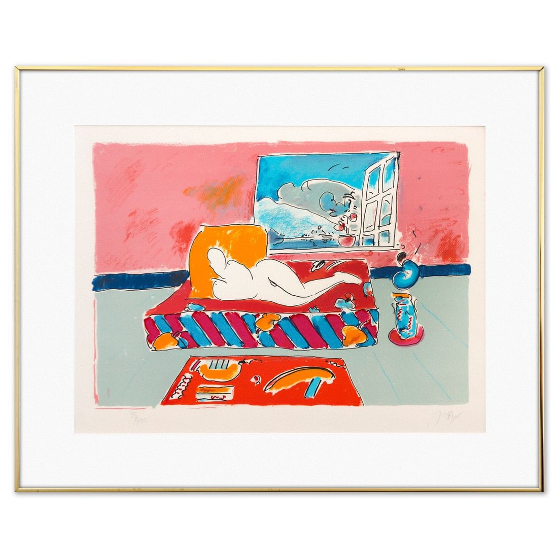 Peter Max- Lithograph "By the Window": Artist: Peter Max. Medium: Lithograph. Title: By the Window. Size: 19" x 25". Measures approx. 26" x 32" (framed). Signature: Hand signed and numbered. Certificate of Authenticity: Is included.