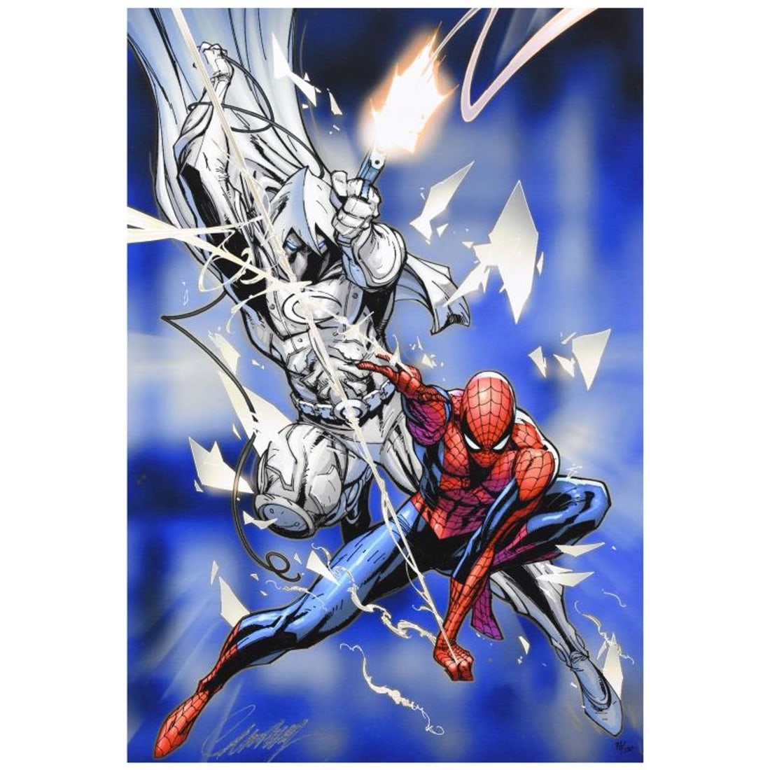 Vengeance of the Moon Knight #9 Limited Edition on Canvas by J. Scott Campbell, Numbered and Hand: A piece of comic book history, this limited edition print, drawn by J. Scott Campbell, depicts famous characters from the classic Spider-Man series. Though he became famous for drawing for Wildstorm