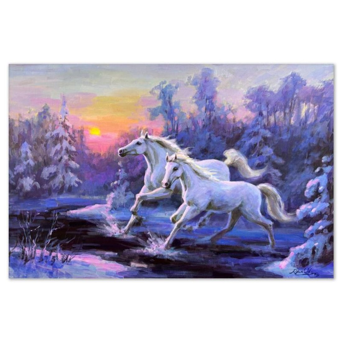 Richard Ho, "Winter Crossing" Original Acrylic Painting on Canvas, Hand Signed with Letter of: Winter Crossing is an original acrylic painting on stretched canvas by Richard Ho, hand signed by the artist. Includes Letter of Authenticity. Measures approx. 24" x 36" (image).