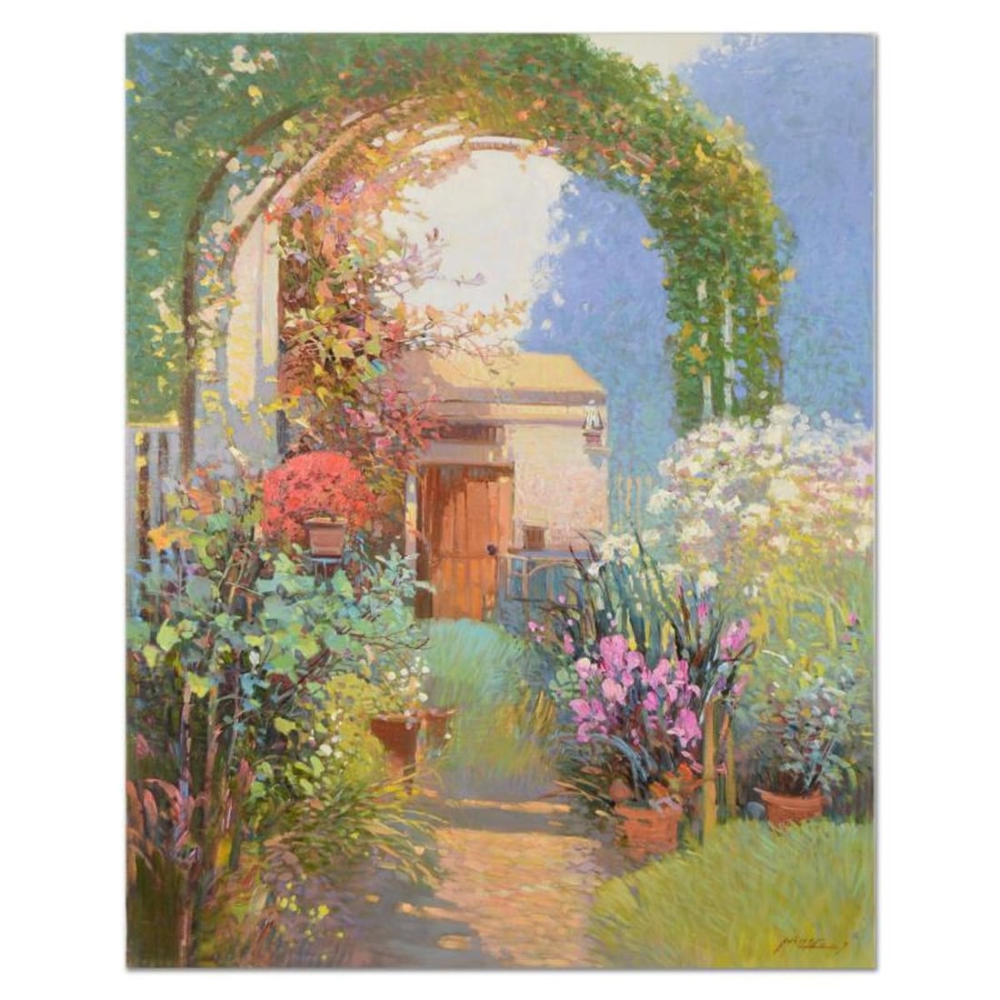 Ming Feng, "Arch in Bloom" Original Oil Painting on Canvas, Hand Signed with Letter of Authenticity.: Arch in Bloom is an original oil painting on stretched canvas by Ming Feng, hand signed by the artist. Includes Letter of Authenticity. Measures approx. 24" x 30" (image).