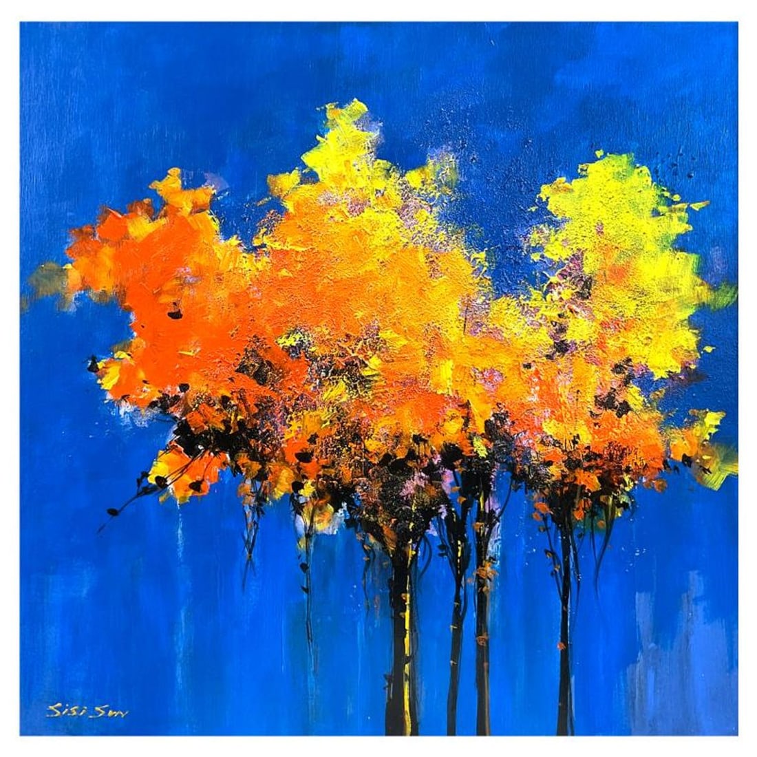 Sisi Sun, "Yellow Tree I" Original Acrylic Painting on Gallery Wrapped Canvas, Hand Signed with: Yellow Tree I is an original acrylic painting on canvas by Sisi Sun, hand signed by the artist. This piece comes gallery wrapped. Includes Letter of Authenticity. Measures approx. 19.5" x 19.5" (image