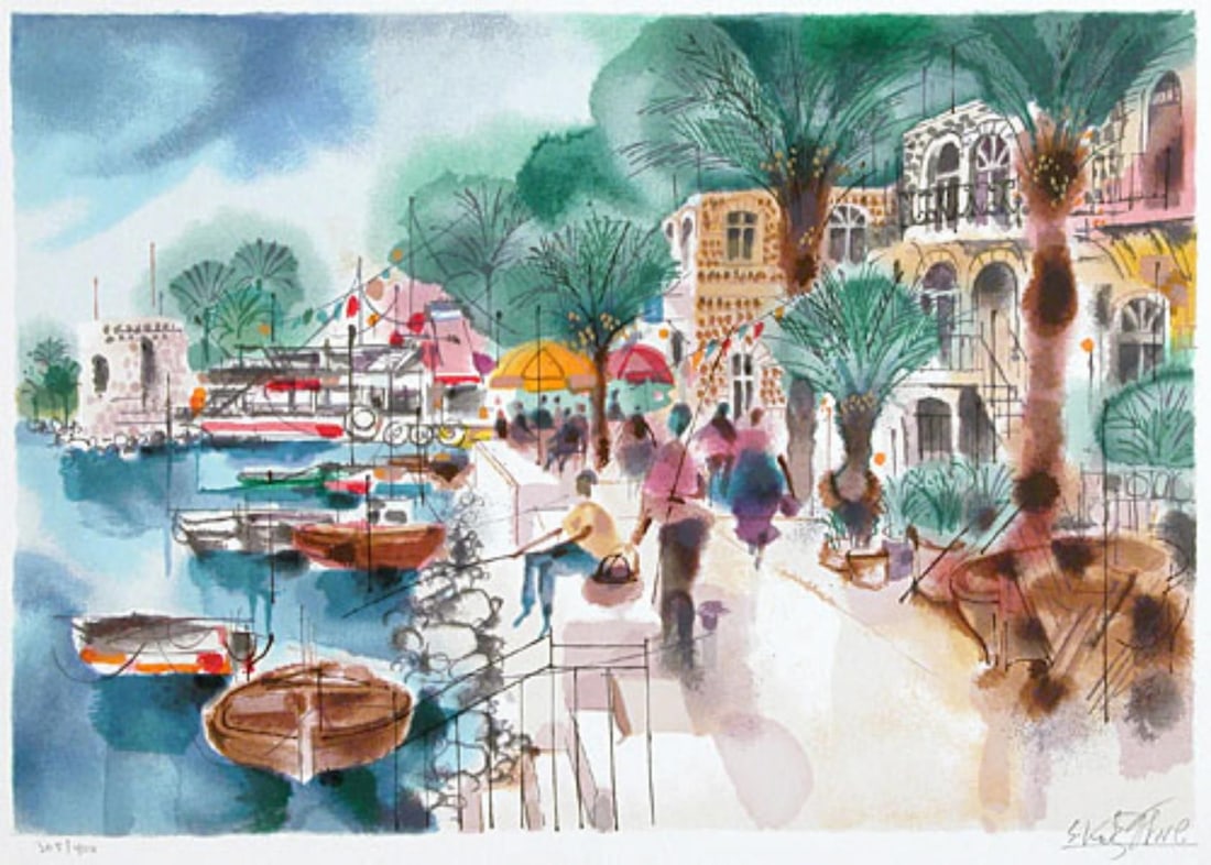 Shmuel Katz- Original Serigraph "On the Shore of the Kineret": Artist: Shmuel Katz. Medium: Original Serigraph. Title: On the Shore of the Kineret. Size: 15" x 21". Signature: Hand Signed by the Artist. Certificate of Authenticity: Is Included. Reference#: 21118.