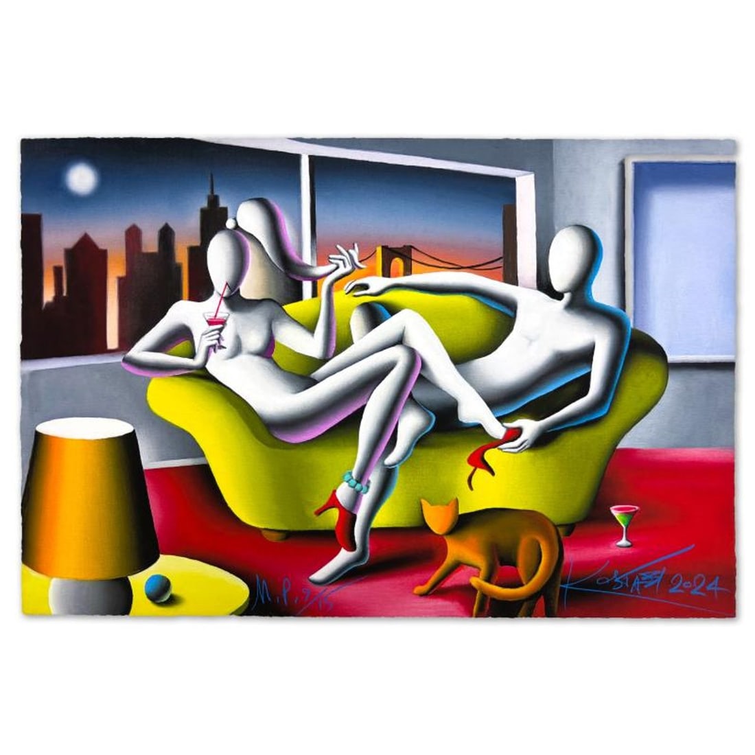 Mark Kostabi, "Perfection at Twilight" Limited Edition, MP Numbered 9/15 and Hand Signed with Letter: Perfection at Twilight is a limited edition giclee on paper by Mark Kostabi, MP numbered 9/15 and hand signed by the artist. Includes Letter of Authenticity. Measures approx. 17" x 25.5" (image).