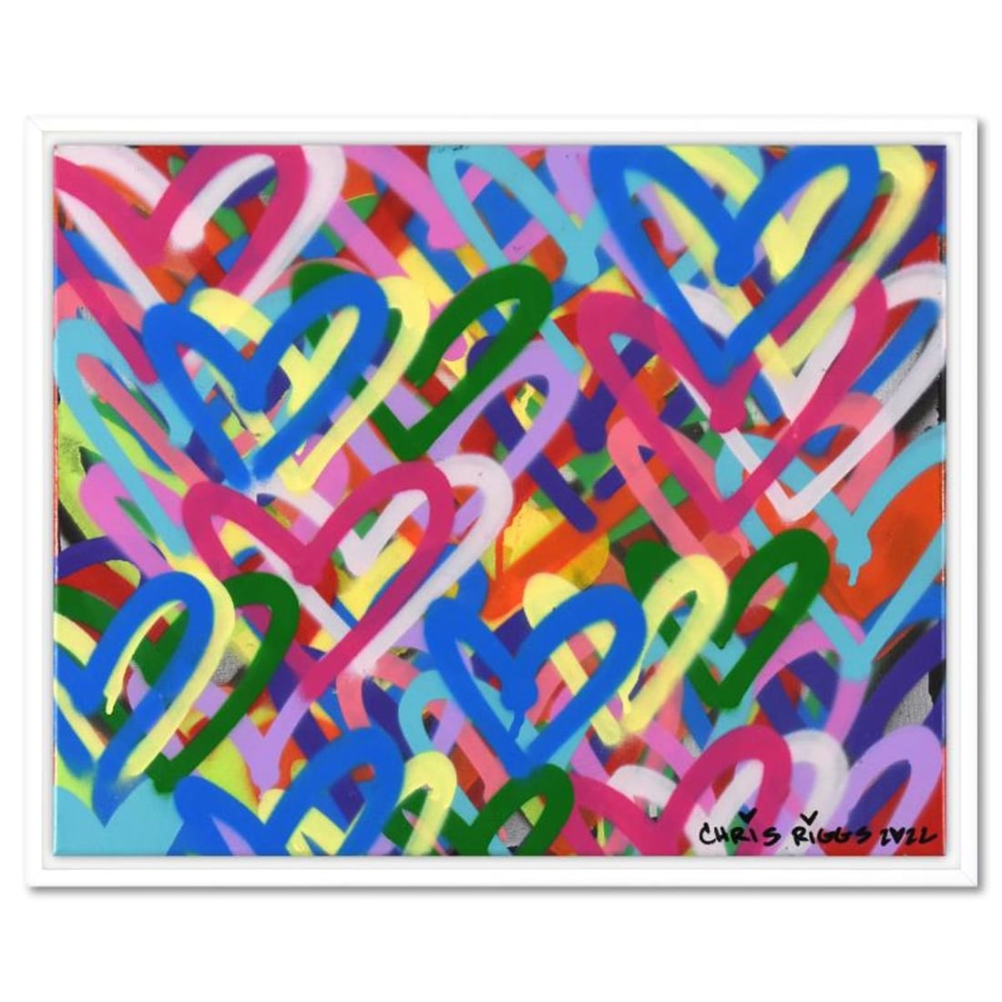 Chris Riggs, "Love" Framed Original Spray Paint Painting on Canvas, Hand Signed with Letter of: Love is an original spray paint painting on canvas by Chris Riggs, hand signed by the artist. This piece comes framed. Includes Letter of Authenticity. Measures approx. 21" x 17" (frame), 20" x 16" (i