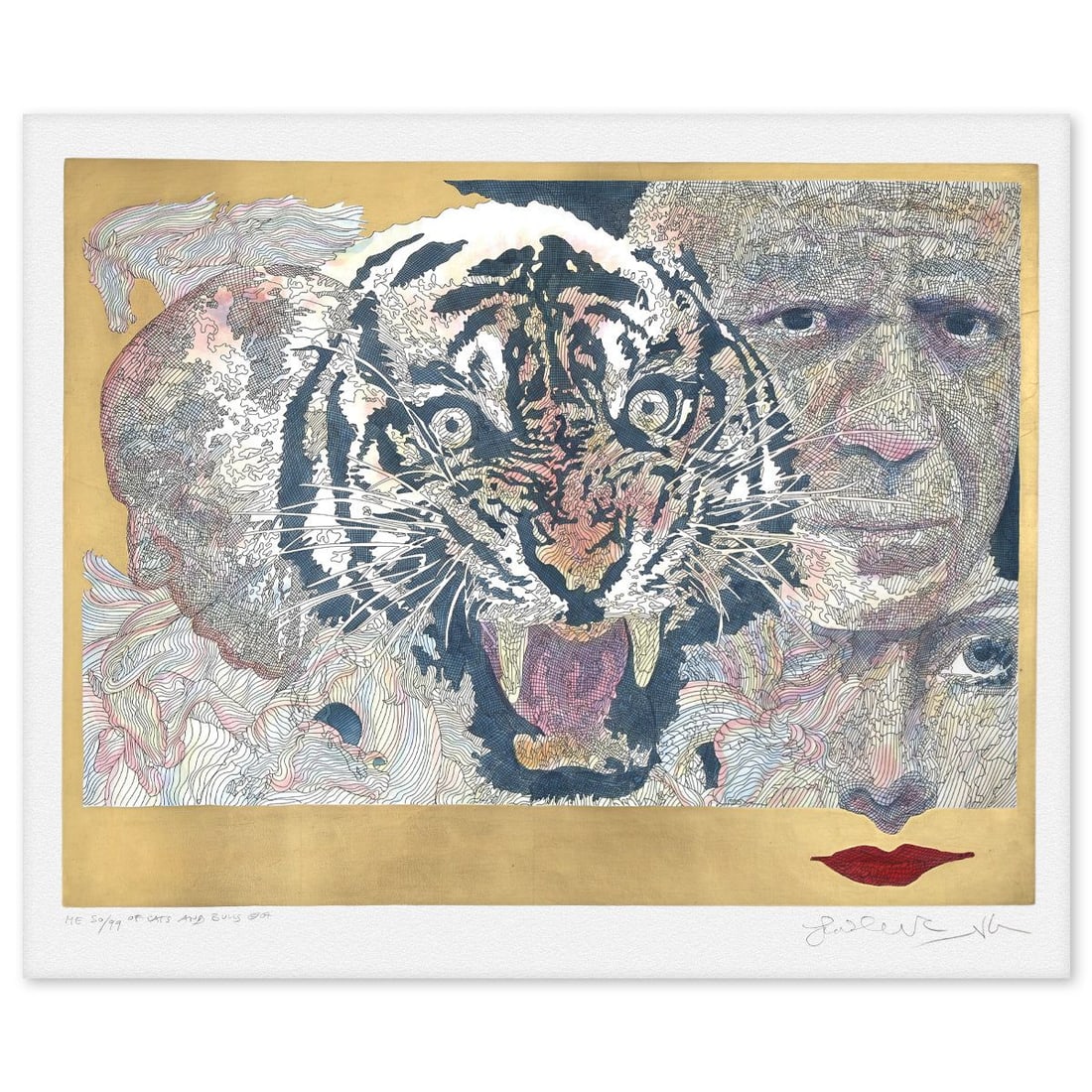 Guillaume Azoulay- Hand Watercolored Gold Leaf Etching "Of Cats and Bulls" (1 of 2)