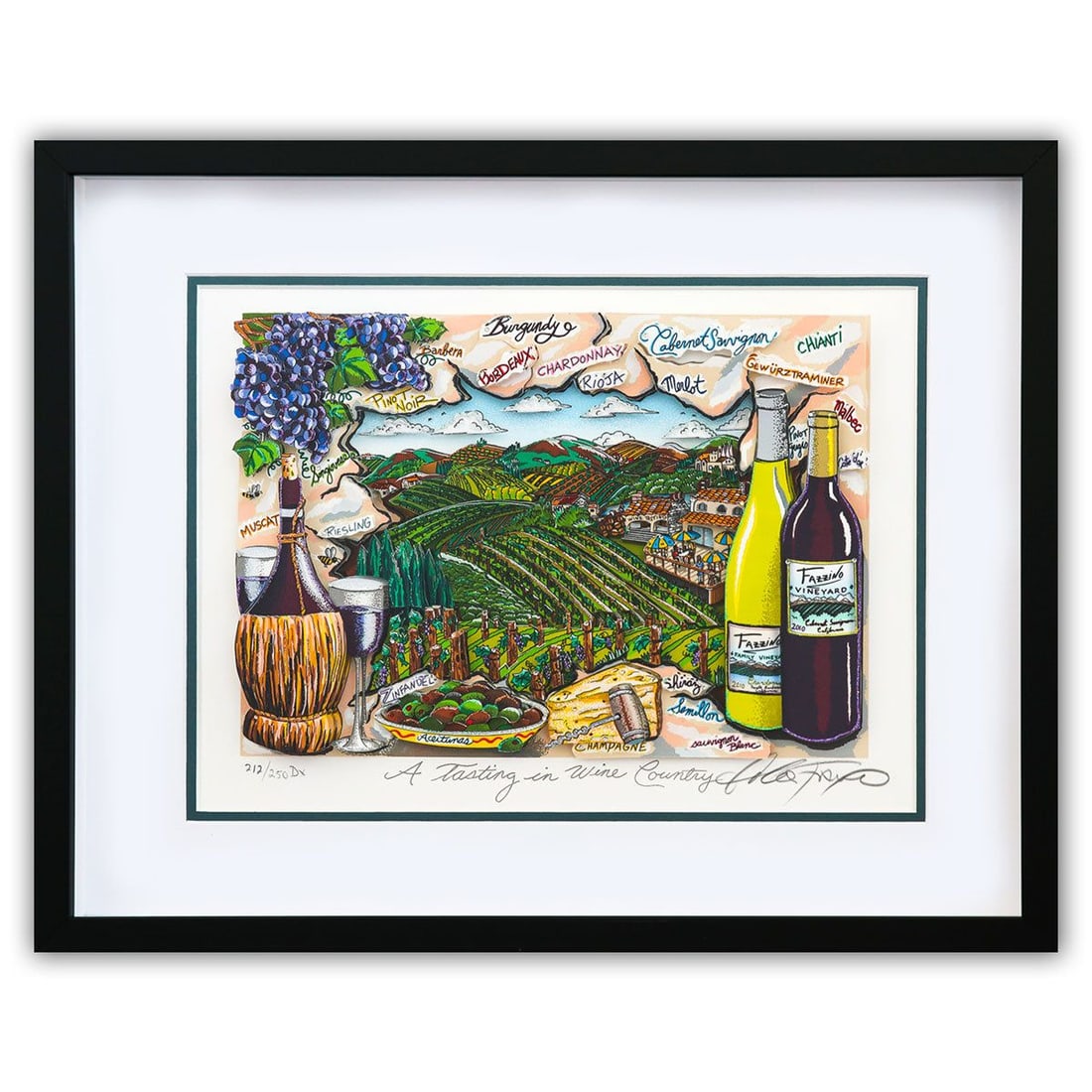 Charles Fazzino- 3D Construction Silkscreen Serigraph "A Tasting in Wine Country": Artist: Charles Fazzino. Medium: 3D Construction Silkscreen Serigraph. Title: A Tasting in Wine Country. Size: 11" x 15". Measures approx. 19.5" x 23" (framed). Signature: Hand Signed and numbered by 