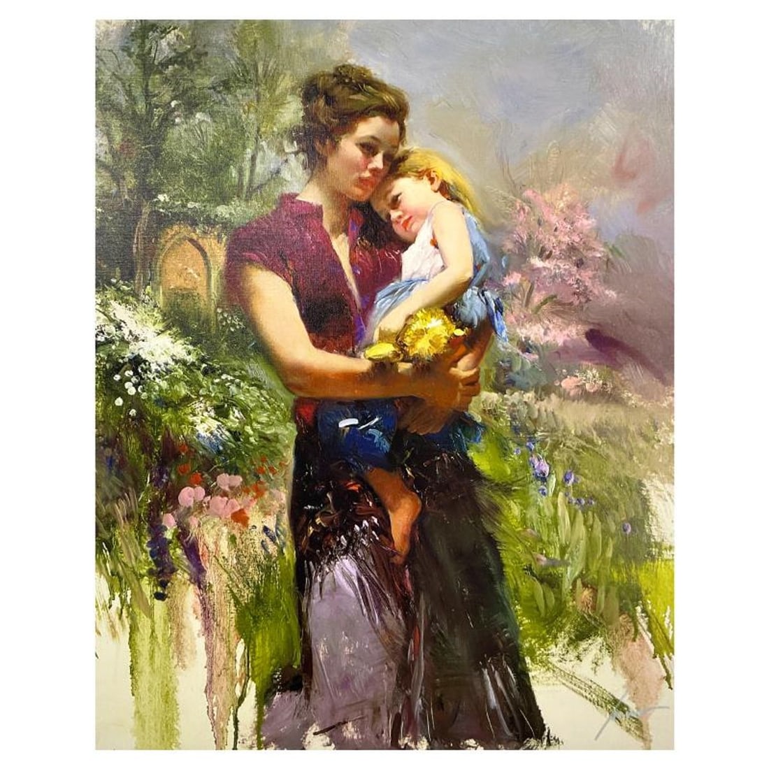 Pino (1939-2010), "The Safety of Love" Limited Edition on Canvas, Numbered and Hand Signed with: The Safety of Love is a limited edition giclee on canvas by Pino (1939-2010), numbered and hand signed by the artist. Includes Certificate of Authenticity. Measures approx. 30" x 24" (image). Referenc