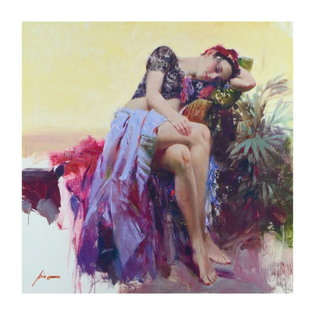 Pino (1939-2010)- Hand Embellished Giclee on Canvas "Siesta": Artist: Pino (1939-2010). Medium: Hand Embellished Giclee on Canvas. Title: Siesta. Size: 34" x 34". Signature: Hand Signed and Numbered by the artist. Certificate of Authenticity: From the