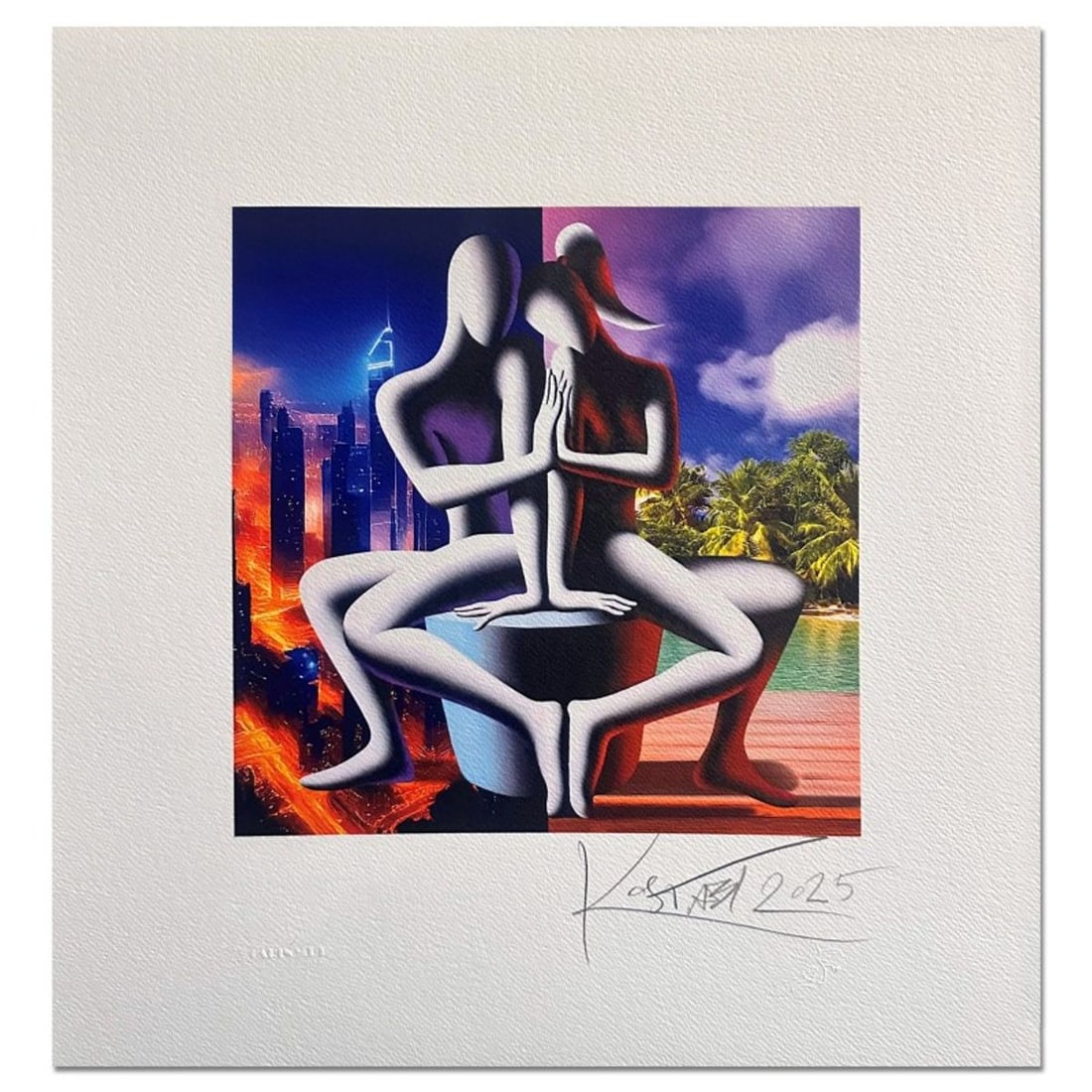 Mark Kostabi, "Du Mondi Un Destino" Hand Signed Limited Edition Serigraph with Certificate of: Du Mondi Un Destino, is a limited edition serigraph on paper by Mark Kostabi. The piece is hand signed and numbered and comes with a certificate of authenticity. Measures approximately 20" x 19"
